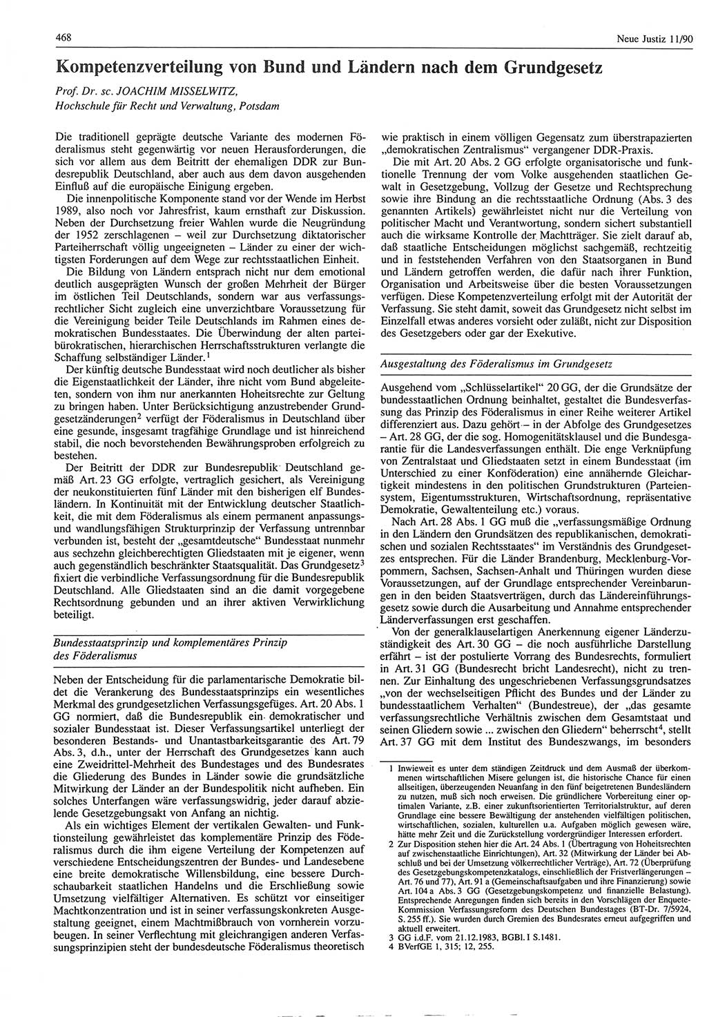 Neue Justiz (NJ), Zeitschrift für Rechtsetzung und Rechtsanwendung [Deutsche Demokratische Republik (DDR)], 44. Jahrgang 1990, Seite 468 (NJ DDR 1990, S. 468)