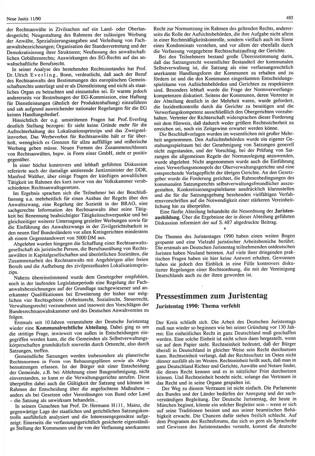 Neue Justiz (NJ), Zeitschrift für Rechtsetzung und Rechtsanwendung [Deutsche Demokratische Republik (DDR)], 44. Jahrgang 1990, Seite 485 (NJ DDR 1990, S. 485)