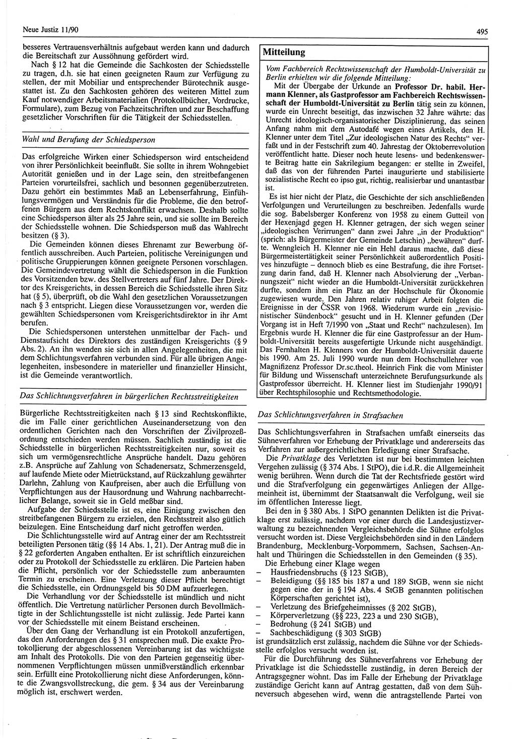 Neue Justiz (NJ), Zeitschrift für Rechtsetzung und Rechtsanwendung [Deutsche Demokratische Republik (DDR)], 44. Jahrgang 1990, Seite 495 (NJ DDR 1990, S. 495)
