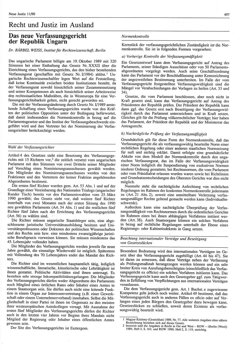 Neue Justiz (NJ), Zeitschrift für Rechtsetzung und Rechtsanwendung [Deutsche Demokratische Republik (DDR)], 44. Jahrgang 1990, Seite 497 (NJ DDR 1990, S. 497)