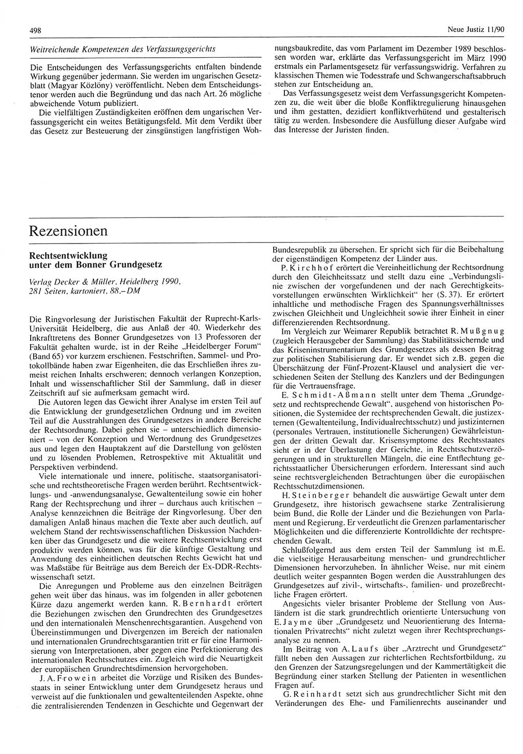 Neue Justiz (NJ), Zeitschrift für Rechtsetzung und Rechtsanwendung [Deutsche Demokratische Republik (DDR)], 44. Jahrgang 1990, Seite 498 (NJ DDR 1990, S. 498)