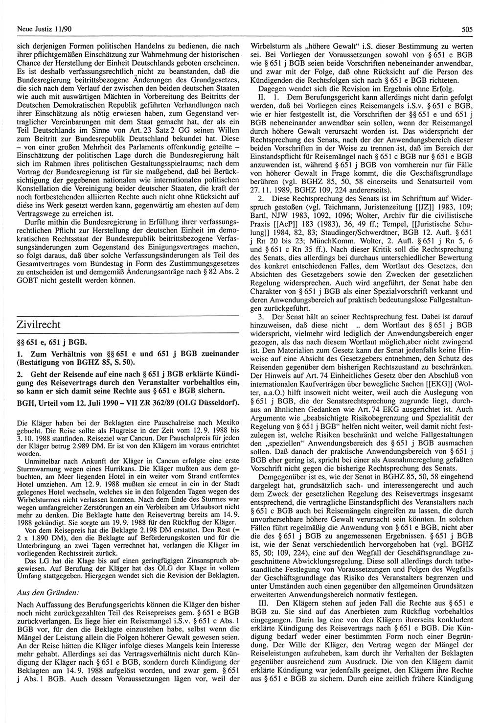 Neue Justiz (NJ), Zeitschrift für Rechtsetzung und Rechtsanwendung [Deutsche Demokratische Republik (DDR)], 44. Jahrgang 1990, Seite 505 (NJ DDR 1990, S. 505)