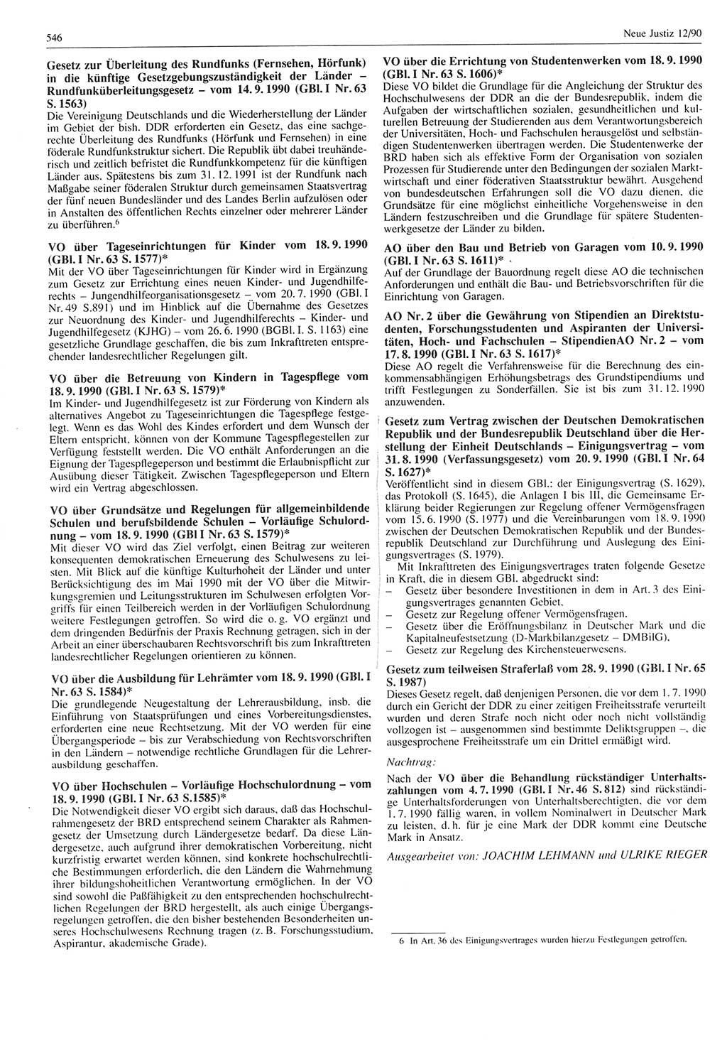 Neue Justiz (NJ), Zeitschrift für Rechtsetzung und Rechtsanwendung [Deutsche Demokratische Republik (DDR)], 44. Jahrgang 1990, Seite 546 (NJ DDR 1990, S. 546)