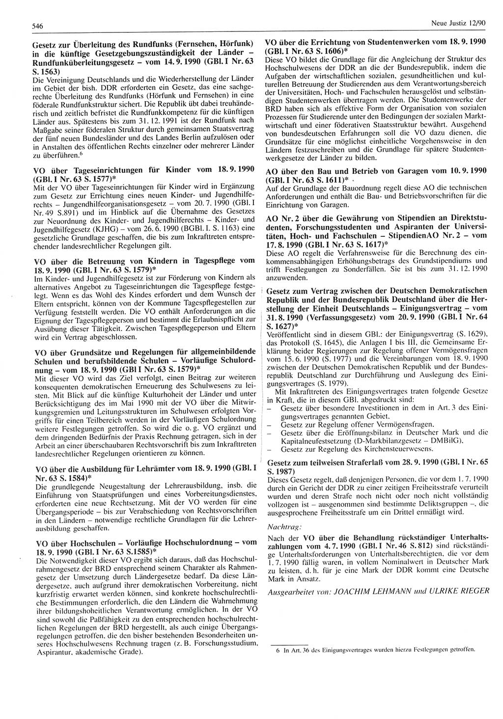 Neue Justiz (NJ), Zeitschrift für Rechtsetzung und Rechtsanwendung [Deutsche Demokratische Republik (DDR)], 44. Jahrgang 1990, Seite 546 (NJ DDR 1990, S. 546)