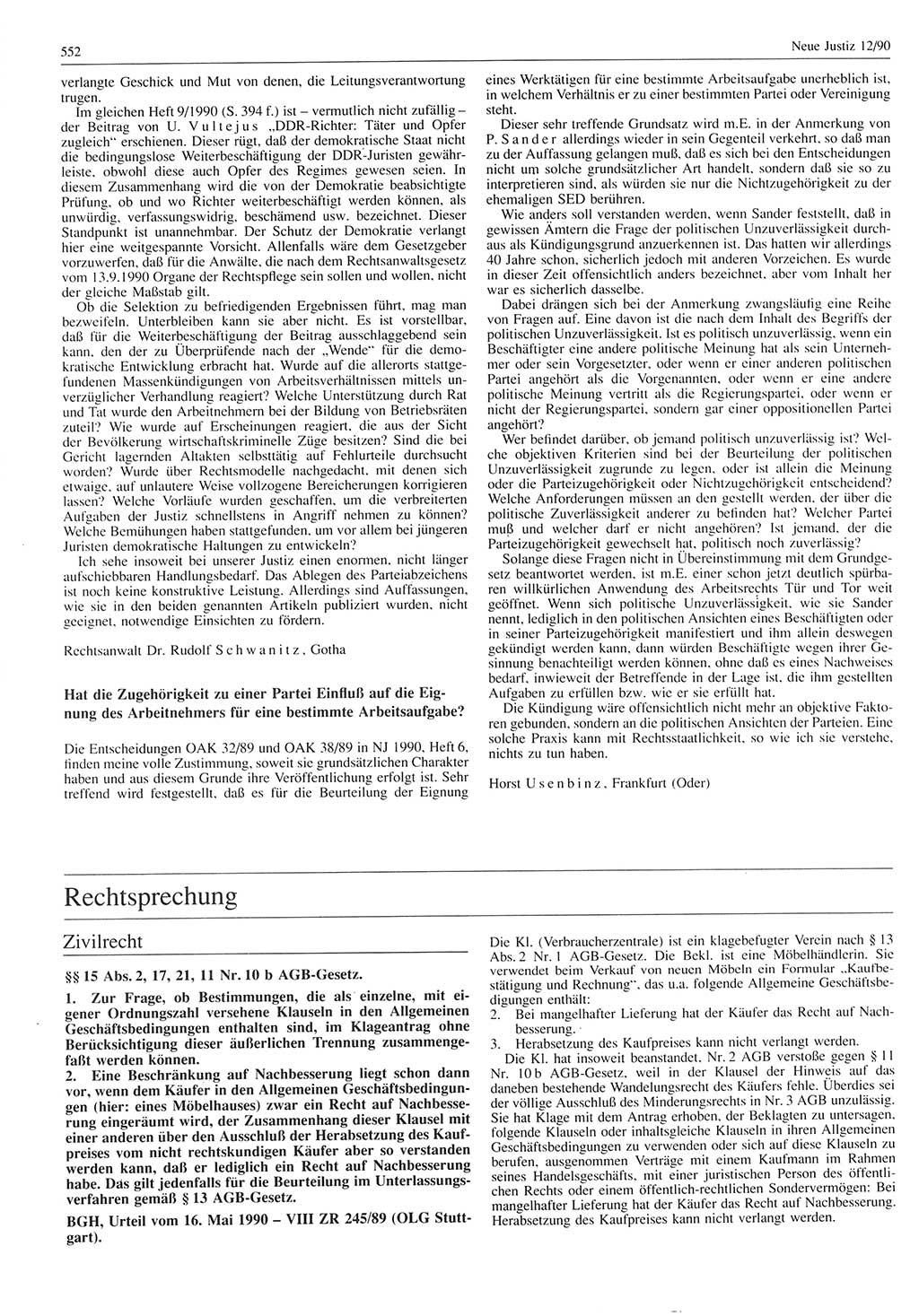 Neue Justiz (NJ), Zeitschrift für Rechtsetzung und Rechtsanwendung [Deutsche Demokratische Republik (DDR)], 44. Jahrgang 1990, Seite 552 (NJ DDR 1990, S. 552)