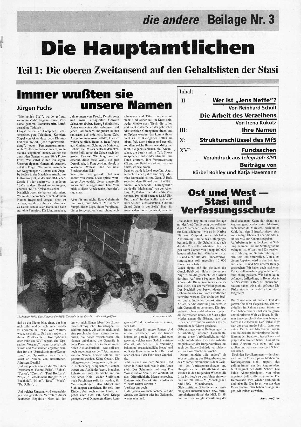 Die Andere, Unabhängige Wochenzeitung für Politik, Kultur und Kunst, Ausgabe 12 vom 20.3.1991, Beilage 3, Seite 1 (And. W.-Zg. Ausg. 12 1991, Beil. S. 1)