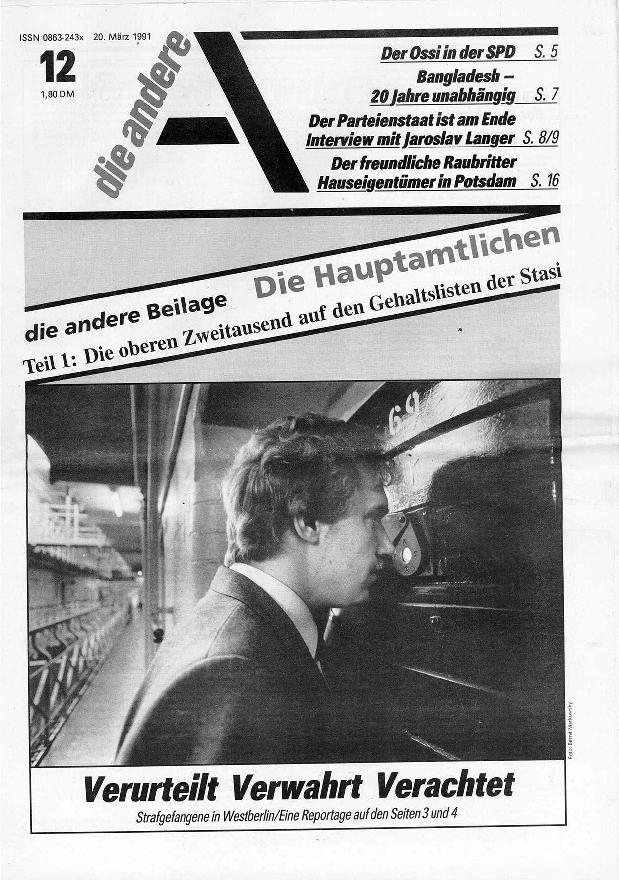 Die Andere, Unabhängige Wochenzeitung für Politik, Kultur und Kunst, Ausgabe 12 vom 20.3.1991, Seite 1 (And. W.-Zg. Ausg. 12 1991, S. 1)