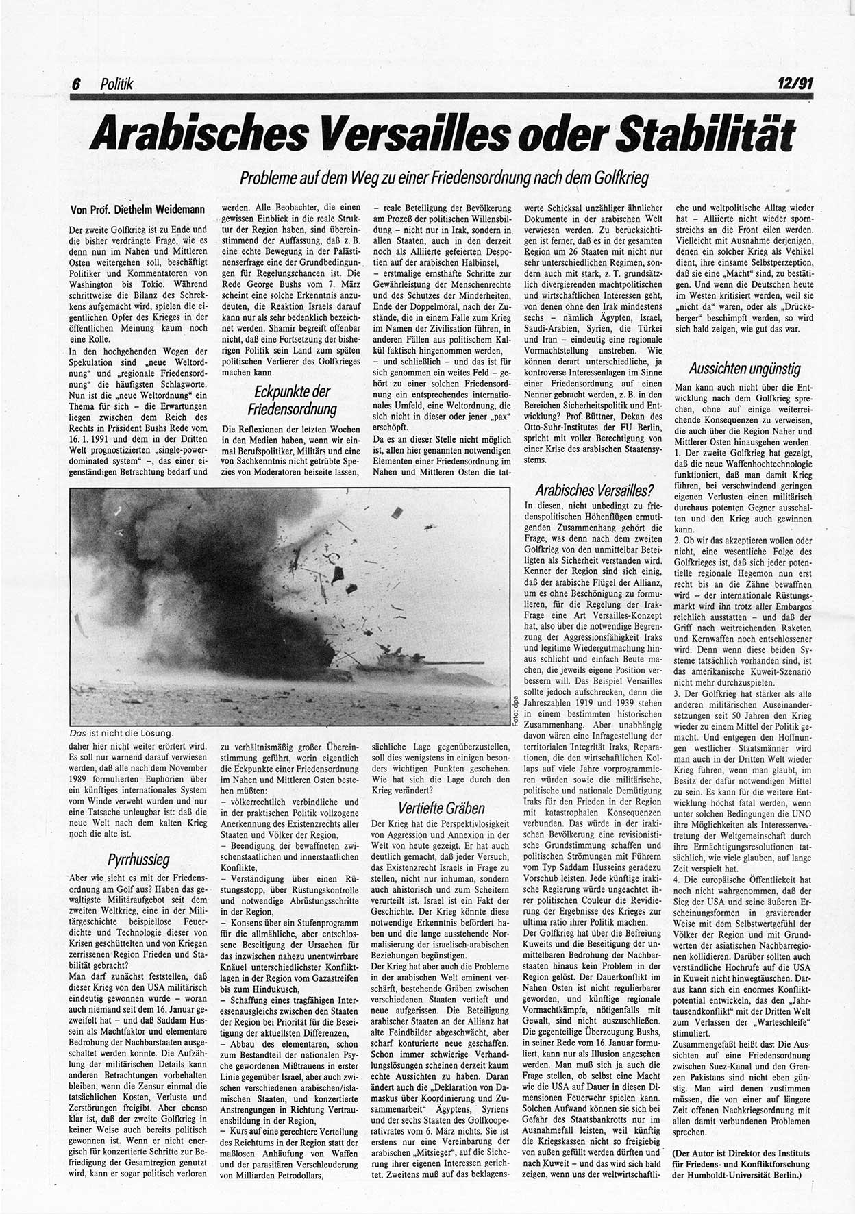 Die Andere, Unabhängige Wochenzeitung für Politik, Kultur und Kunst, Ausgabe 12 vom 20.3.1991, Seite 6 (And. W.-Zg. Ausg. 12 1991, S. 6)