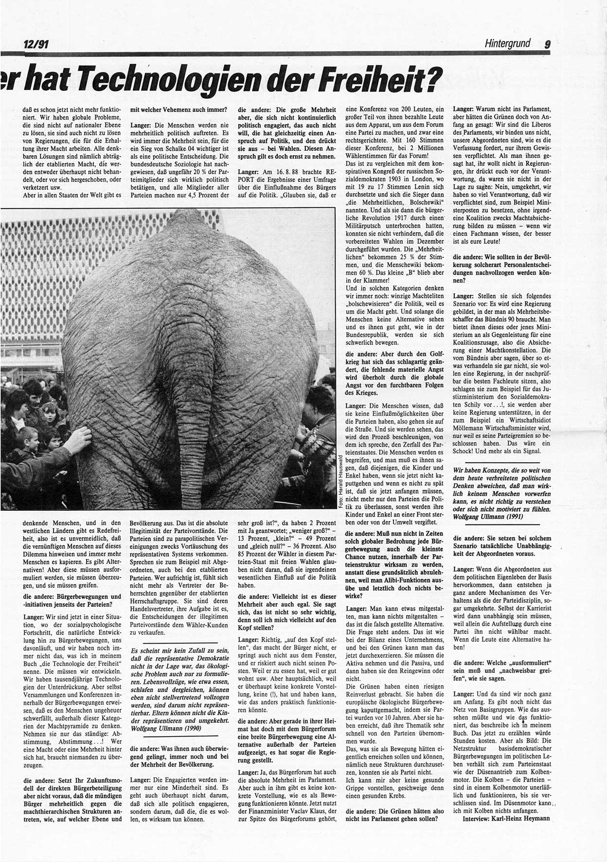 Die Andere, Unabhängige Wochenzeitung für Politik, Kultur und Kunst, Ausgabe 12 vom 20.3.1991, Seite 9 (And. W.-Zg. Ausg. 12 1991, S. 9)