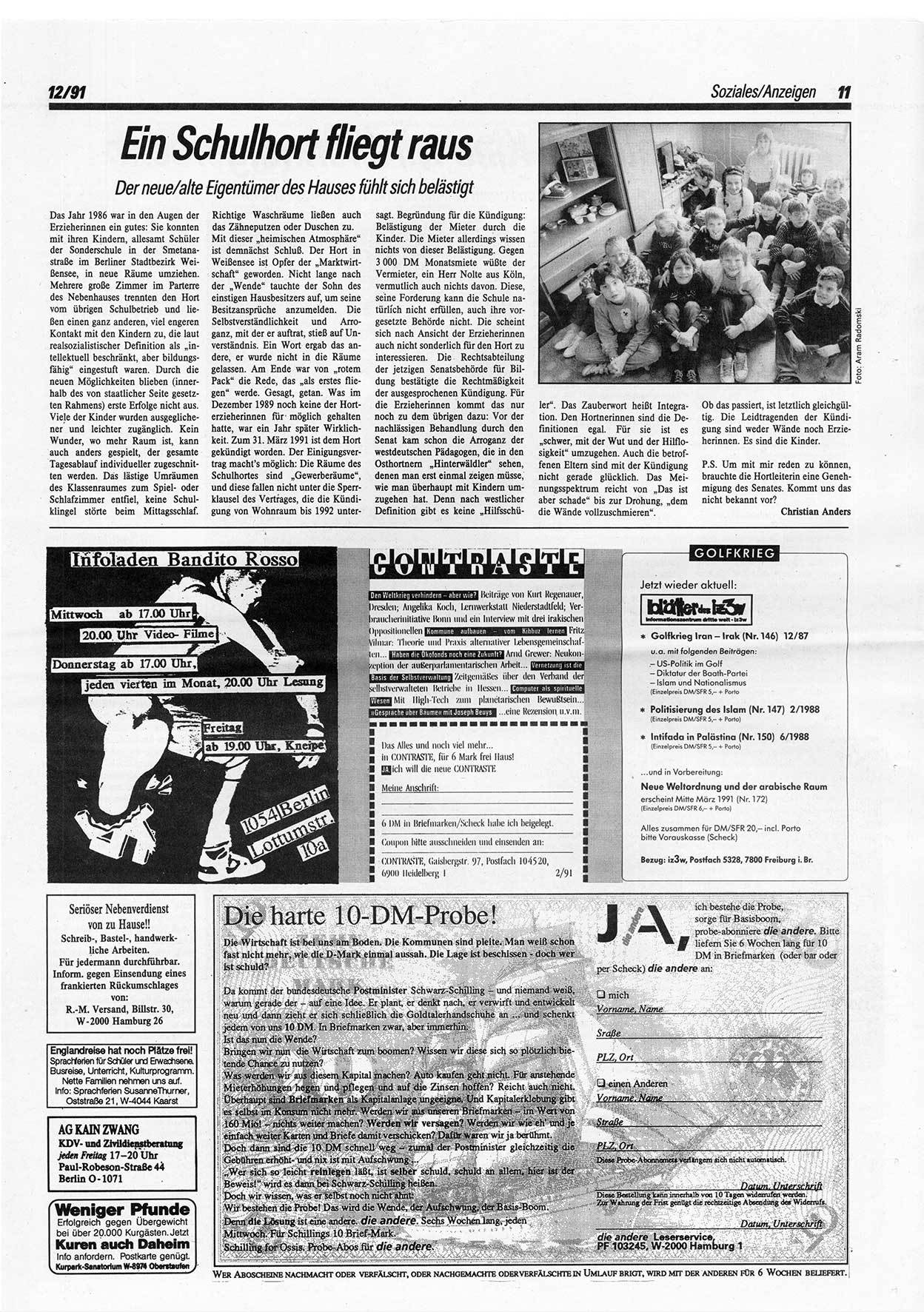 Die Andere, Unabhängige Wochenzeitung für Politik, Kultur und Kunst, Ausgabe 12 vom 20.3.1991, Seite 11 (And. W.-Zg. Ausg. 12 1991, S. 11)