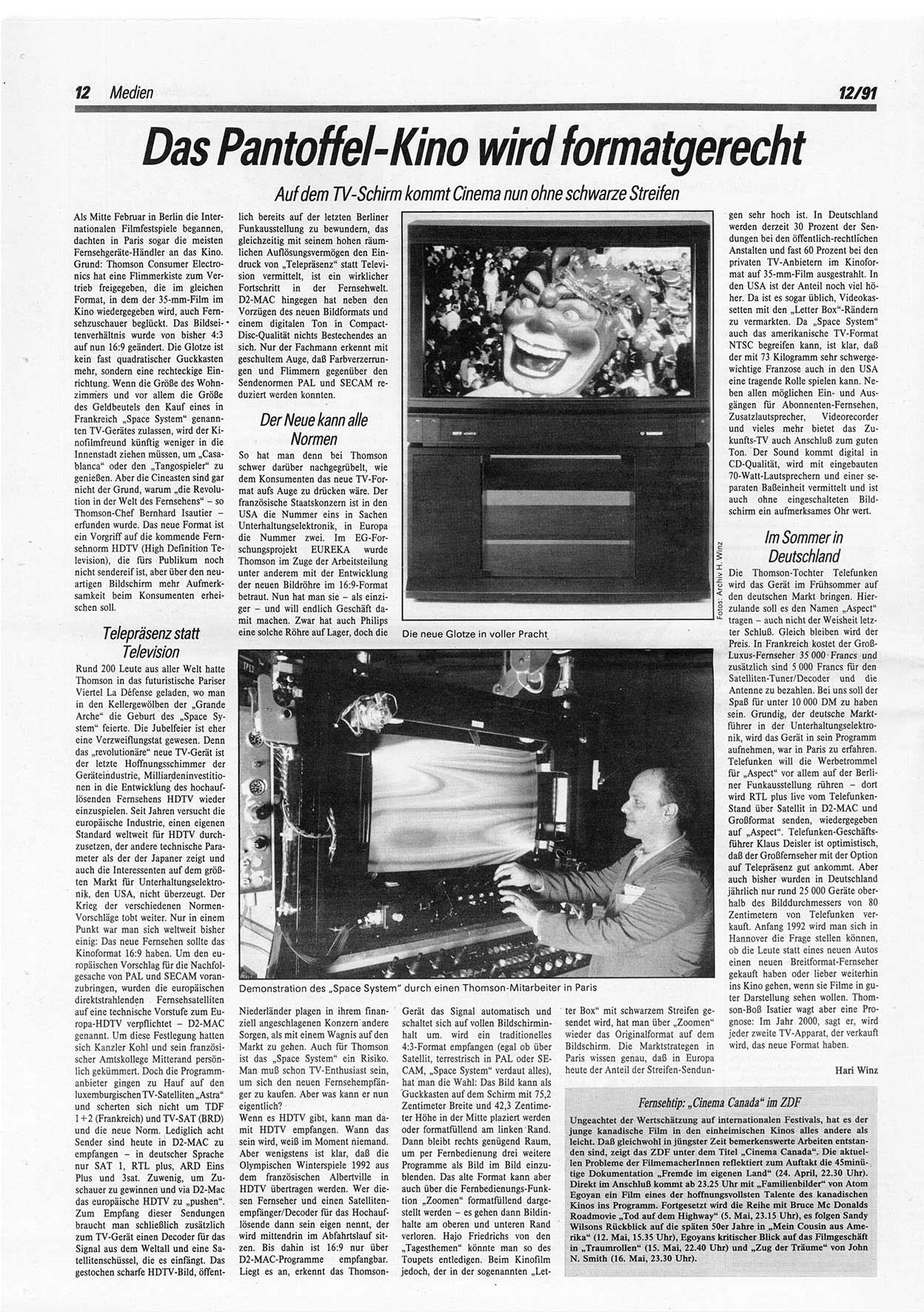Die Andere, Unabhängige Wochenzeitung für Politik, Kultur und Kunst, Ausgabe 12 vom 20.3.1991, Seite 12 (And. W.-Zg. Ausg. 12 1991, S. 12)