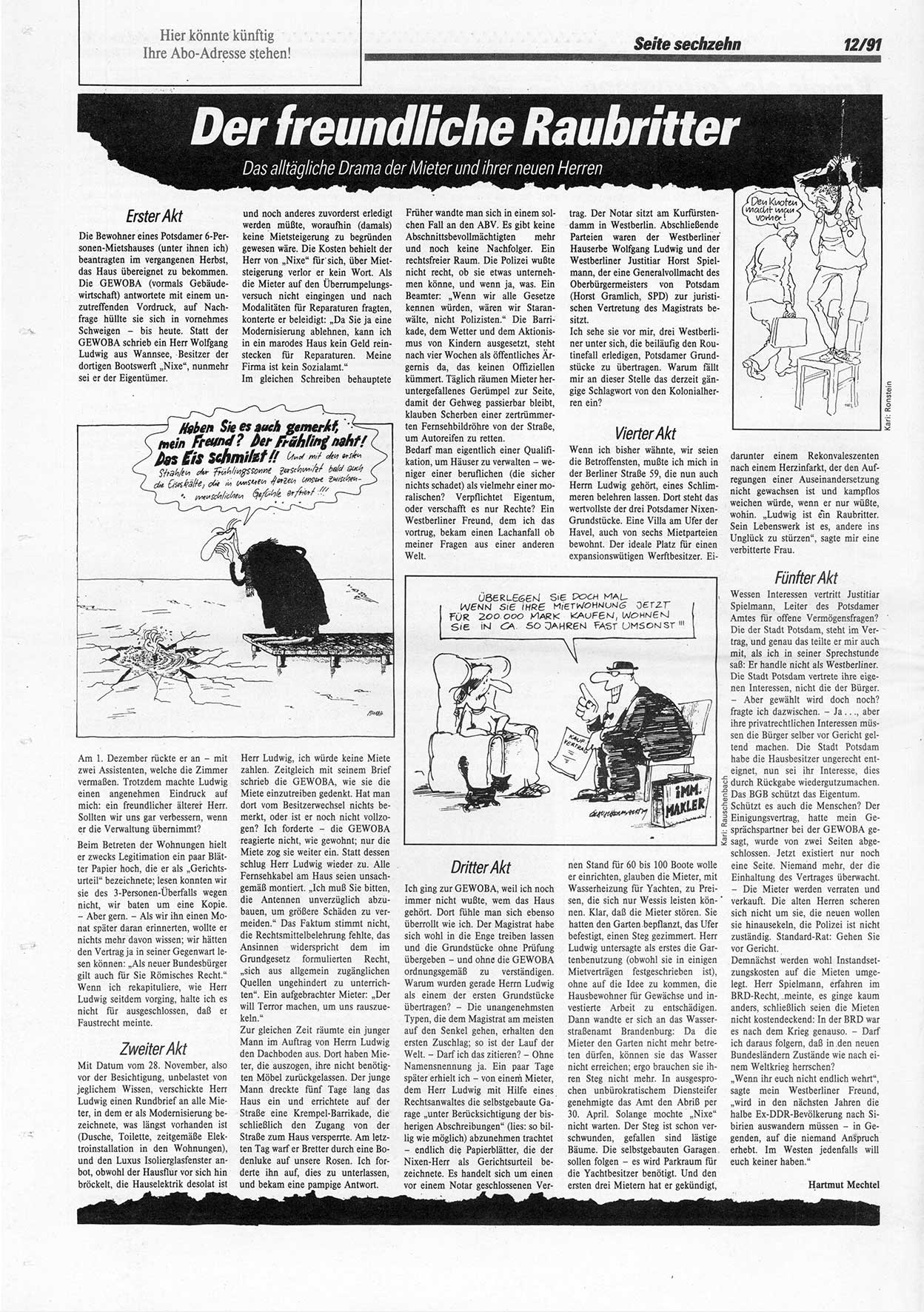 Die Andere, Unabhängige Wochenzeitung für Politik, Kultur und Kunst, Ausgabe 12 vom 20.3.1991, Seite 16 (And. W.-Zg. Ausg. 12 1991, S. 16)