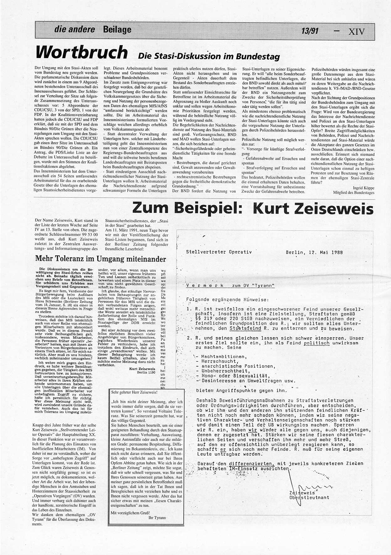 Die Andere, Unabhängige Wochenzeitung für Politik, Kultur und Kunst, Ausgabe 13 vom 27.3.1991, Beilage 4, Seite 14 (And. W.-Zg. Ausg. 13 1991, Beil. S. 14)