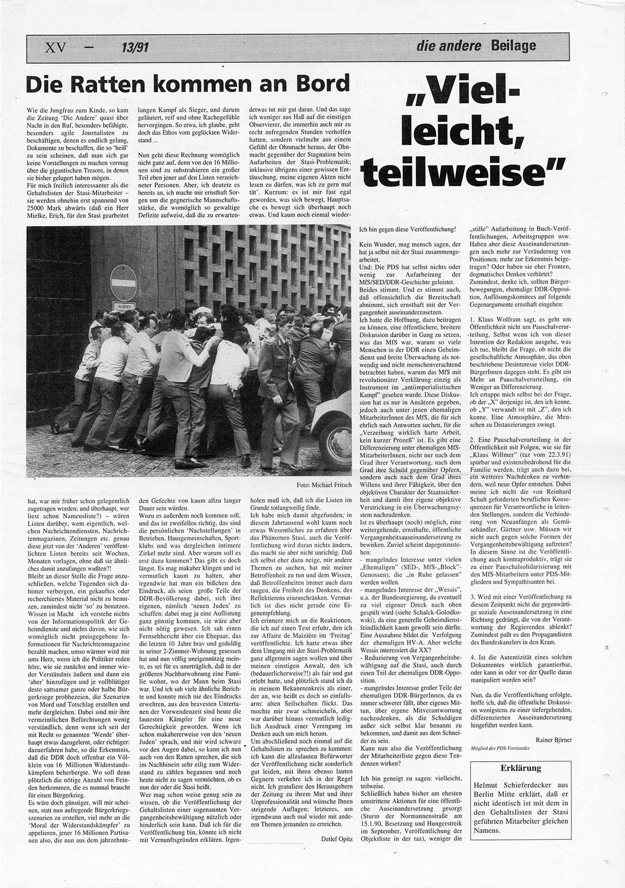 Die Andere, Unabhängige Wochenzeitung für Politik, Kultur und Kunst, Ausgabe 13 vom 27.3.1991, Beilage 4, Seite 15 (And. W.-Zg. Ausg. 13 1991, Beil. S. 15)