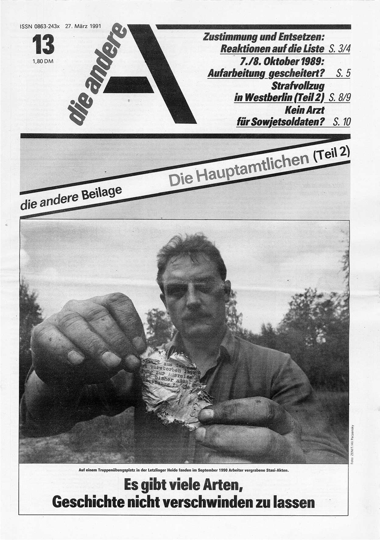 Die Andere, Unabhängige Wochenzeitung für Politik, Kultur und Kunst, Ausgabe 13 vom 27.3.1991, Seite 1 (And. W.-Zg. Ausg. 13 1991, S. 1)