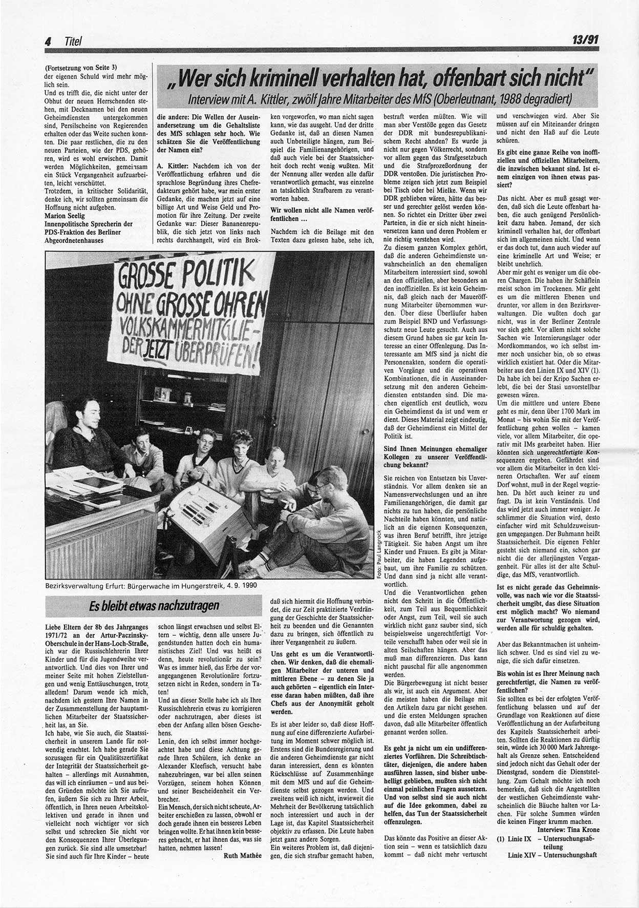 Die Andere, Unabhängige Wochenzeitung für Politik, Kultur und Kunst, Ausgabe 13 vom 27.3.1991, Seite 4 (And. W.-Zg. Ausg. 13 1991, S. 4)