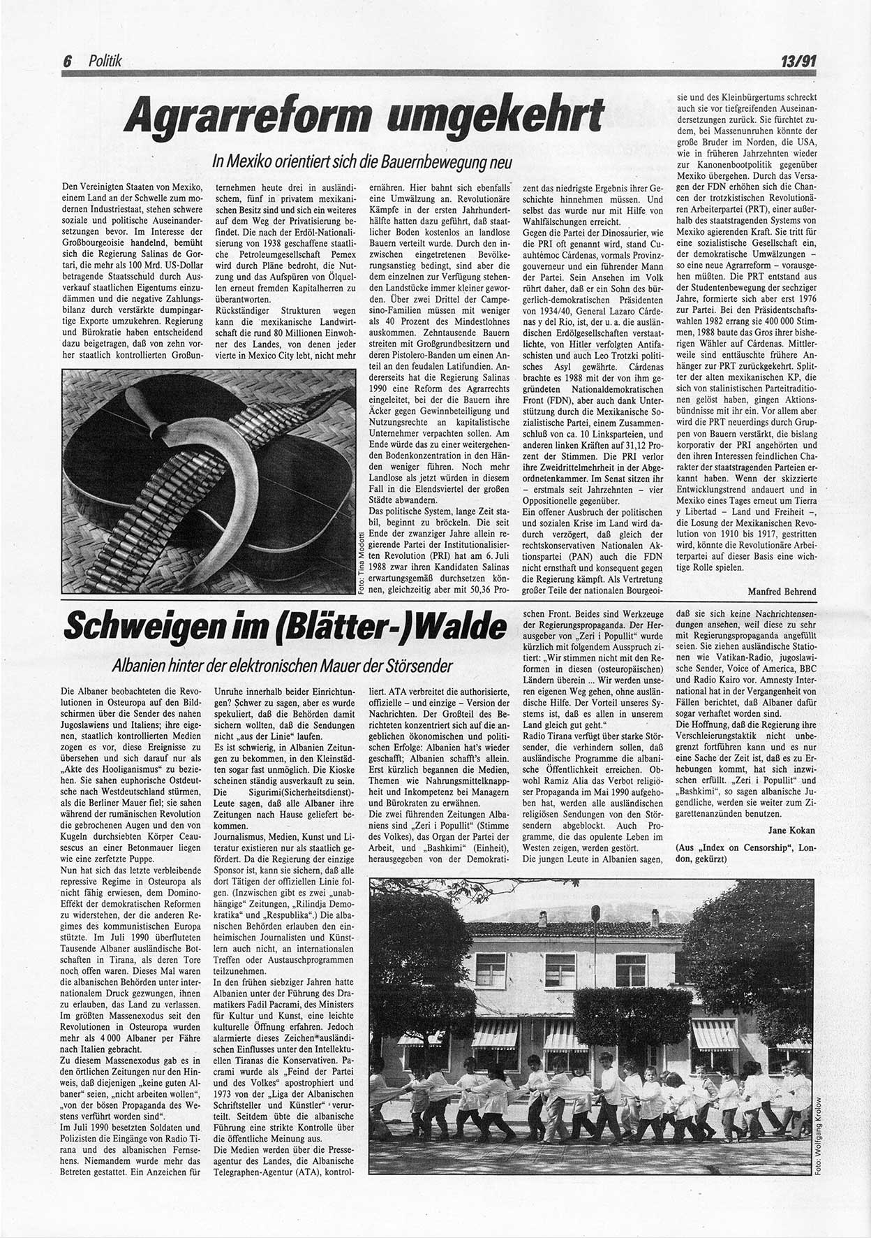 Die Andere, Unabhängige Wochenzeitung für Politik, Kultur und Kunst, Ausgabe 13 vom 27.3.1991, Seite 6 (And. W.-Zg. Ausg. 13 1991, S. 6)