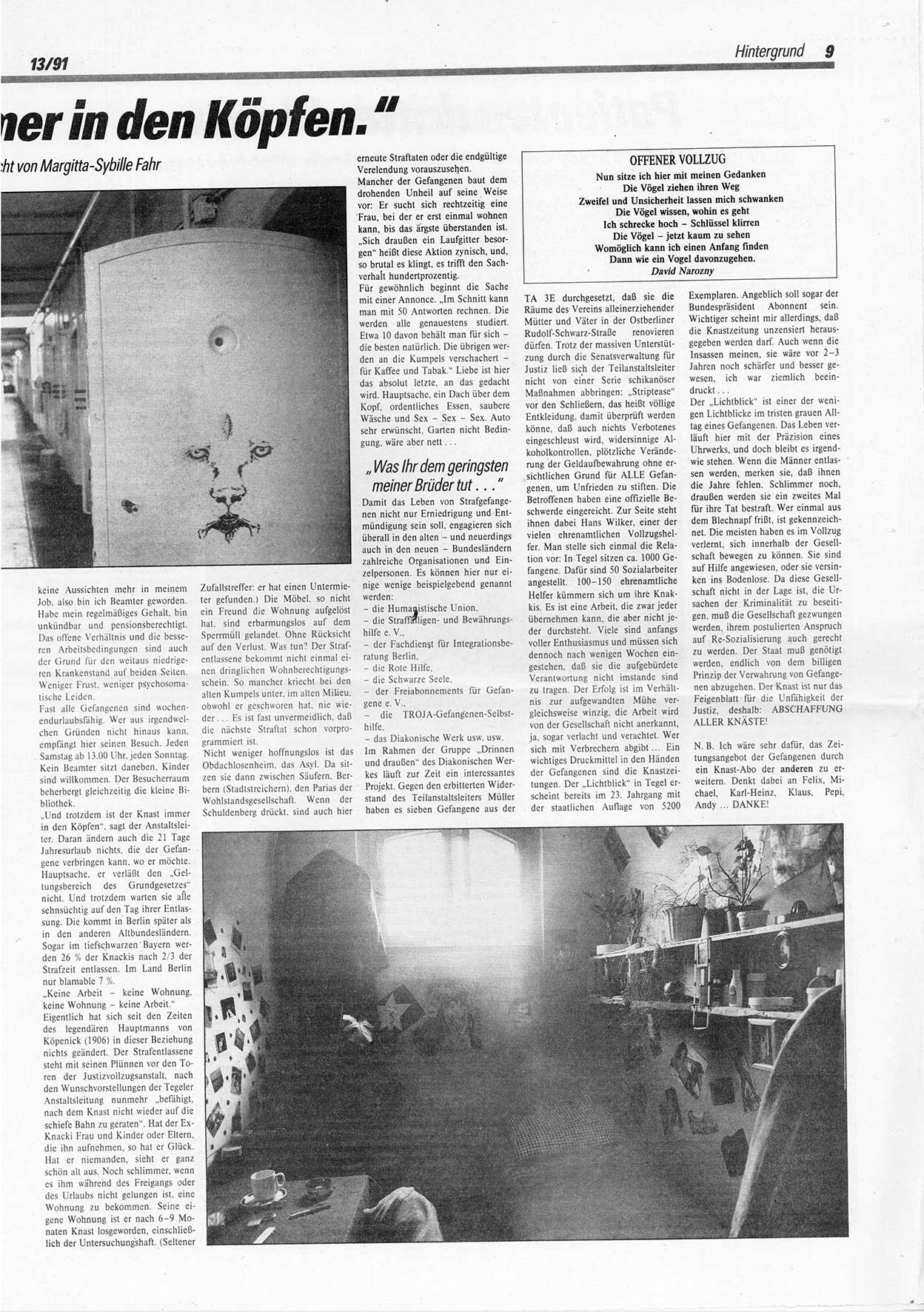 Die Andere, Unabhängige Wochenzeitung für Politik, Kultur und Kunst, Ausgabe 13 vom 27.3.1991, Seite 9 (And. W.-Zg. Ausg. 13 1991, S. 9)