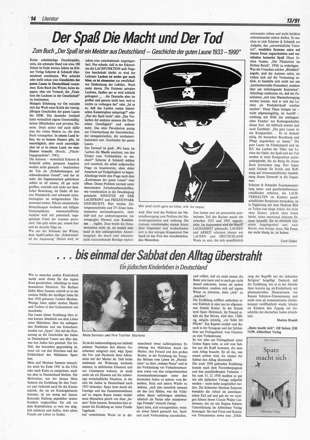 Die Andere, Unabhängige Wochenzeitung für Politik, Kultur und Kunst, Ausgabe 13 vom 27.3.1991, Seite 14 (And. W.-Zg. Ausg. 13 1991, S. 14)