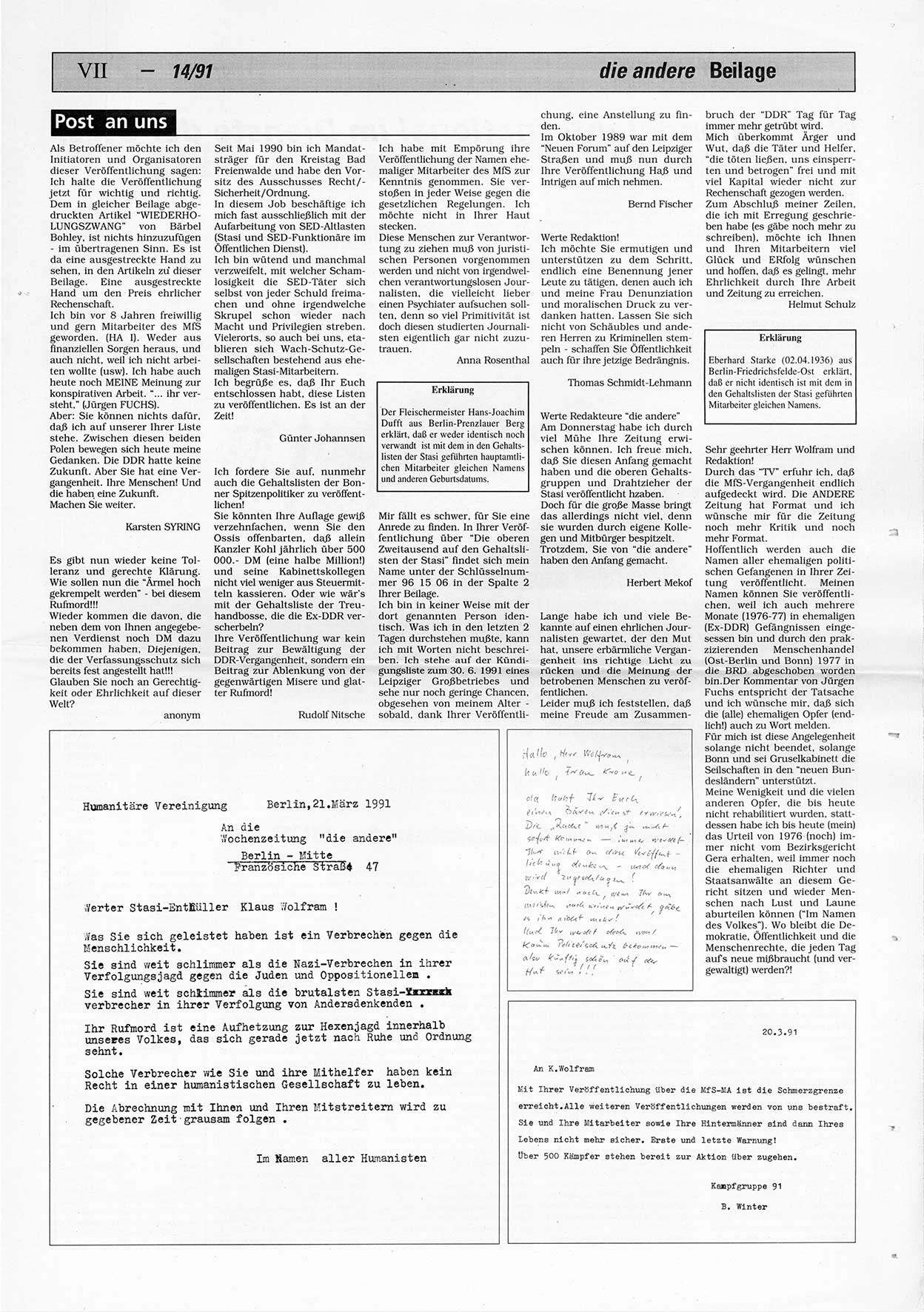 Die Andere, Unabhängige Wochenzeitung für Politik, Kultur und Kunst, Ausgabe 14 vom 3.4.1991, Beilage 5, Seite 7 (And. W.-Zg. Ausg. 14 1991, Beil. S. 7)