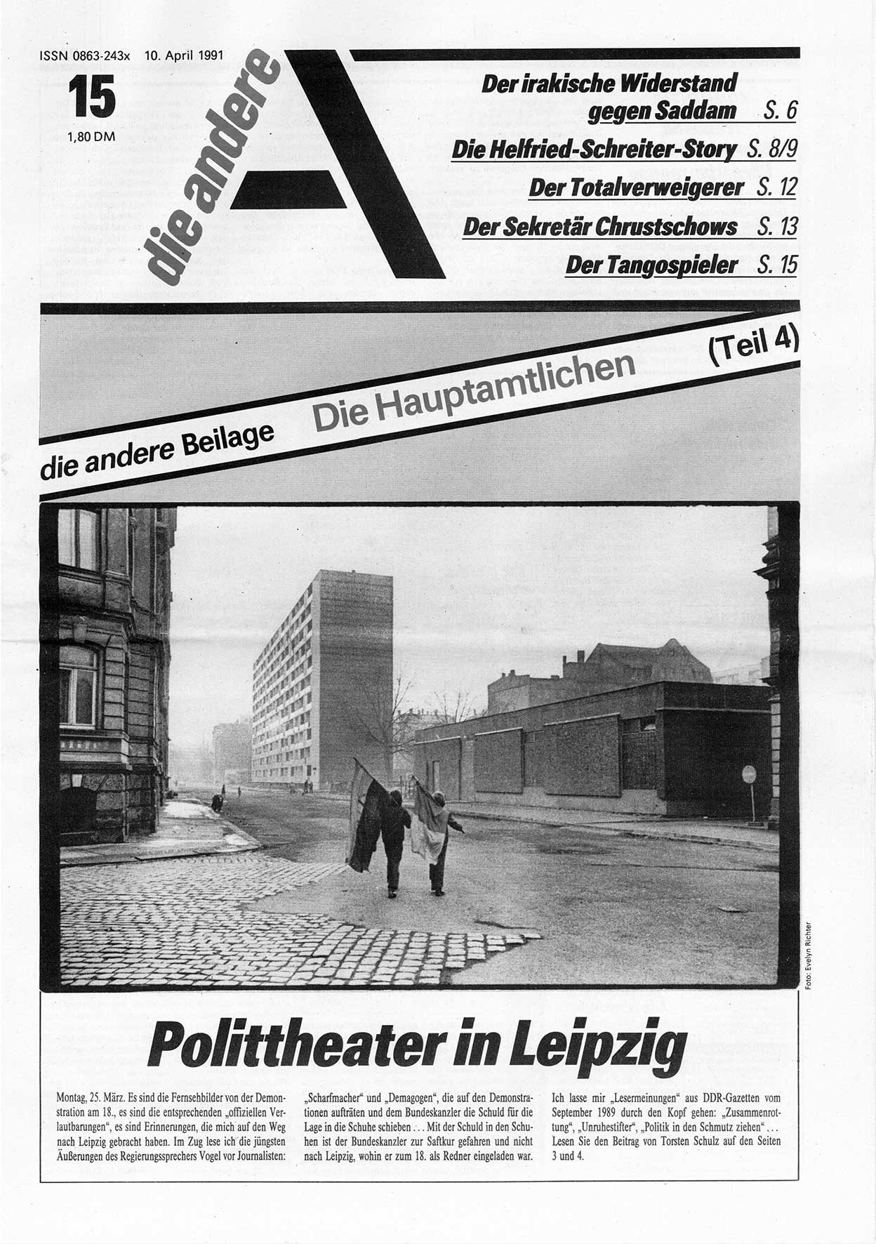 Die Andere, UnabhÃ¤ngige Wochenzeitung fÃ¼r Politik, Kultur und Kunst, Ausgabe 15 vom 10.4.1991, Seite 1 (And. W.-Zg. Ausg. 15 1991, S. 1)