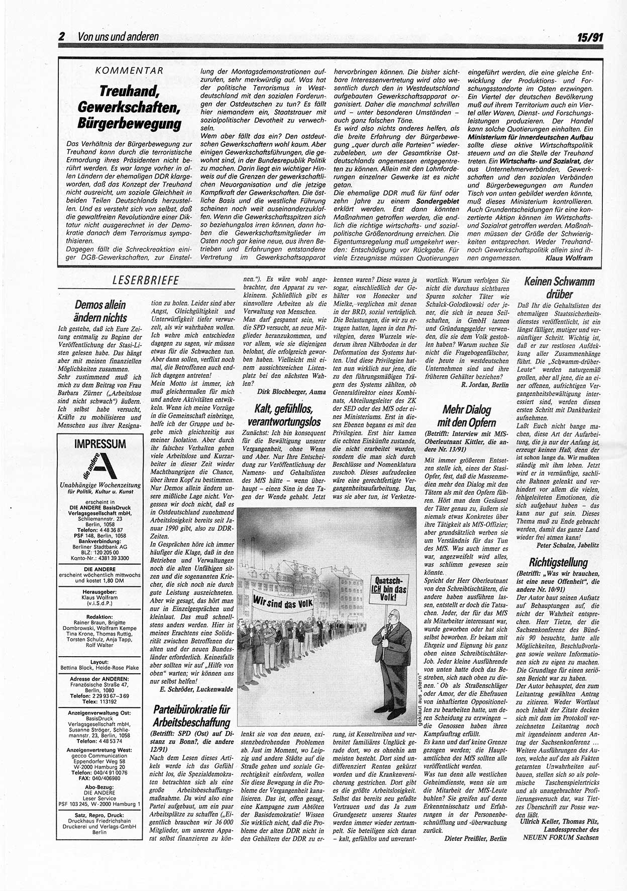 Die Andere, UnabhÃ¤ngige Wochenzeitung fÃ¼r Politik, Kultur und Kunst, Ausgabe 15 vom 10.4.1991, Seite 2 (And. W.-Zg. Ausg. 15 1991, S. 2)