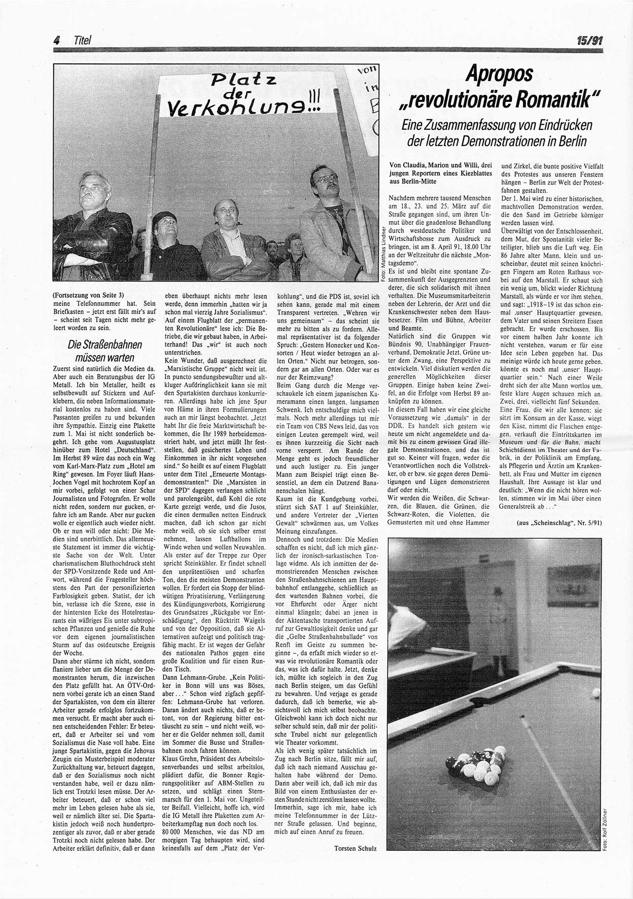 Die Andere, UnabhÃ¤ngige Wochenzeitung fÃ¼r Politik, Kultur und Kunst, Ausgabe 15 vom 10.4.1991, Seite 4 (And. W.-Zg. Ausg. 15 1991, S. 4)