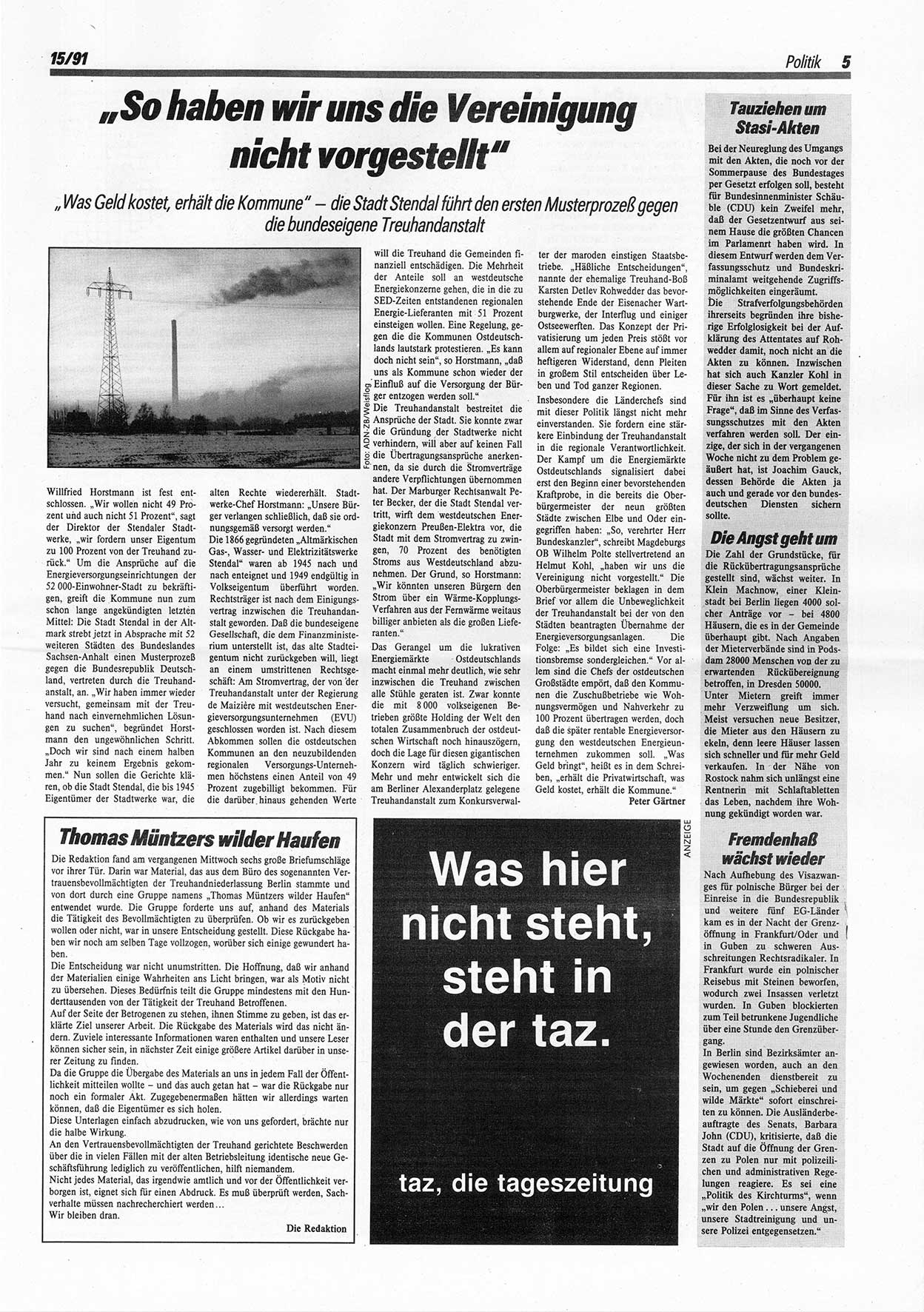 Die Andere, UnabhÃ¤ngige Wochenzeitung fÃ¼r Politik, Kultur und Kunst, Ausgabe 15 vom 10.4.1991, Seite 5 (And. W.-Zg. Ausg. 15 1991, S. 5)