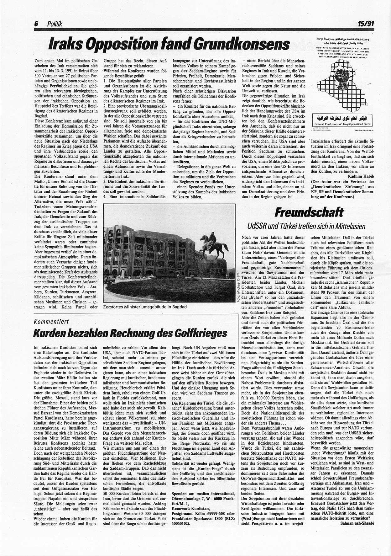 Die Andere, UnabhÃ¤ngige Wochenzeitung fÃ¼r Politik, Kultur und Kunst, Ausgabe 15 vom 10.4.1991, Seite 6 (And. W.-Zg. Ausg. 15 1991, S. 6)