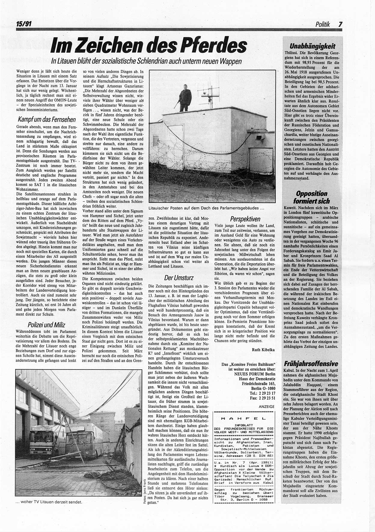 Die Andere, UnabhÃ¤ngige Wochenzeitung fÃ¼r Politik, Kultur und Kunst, Ausgabe 15 vom 10.4.1991, Seite 7 (And. W.-Zg. Ausg. 15 1991, S. 7)
