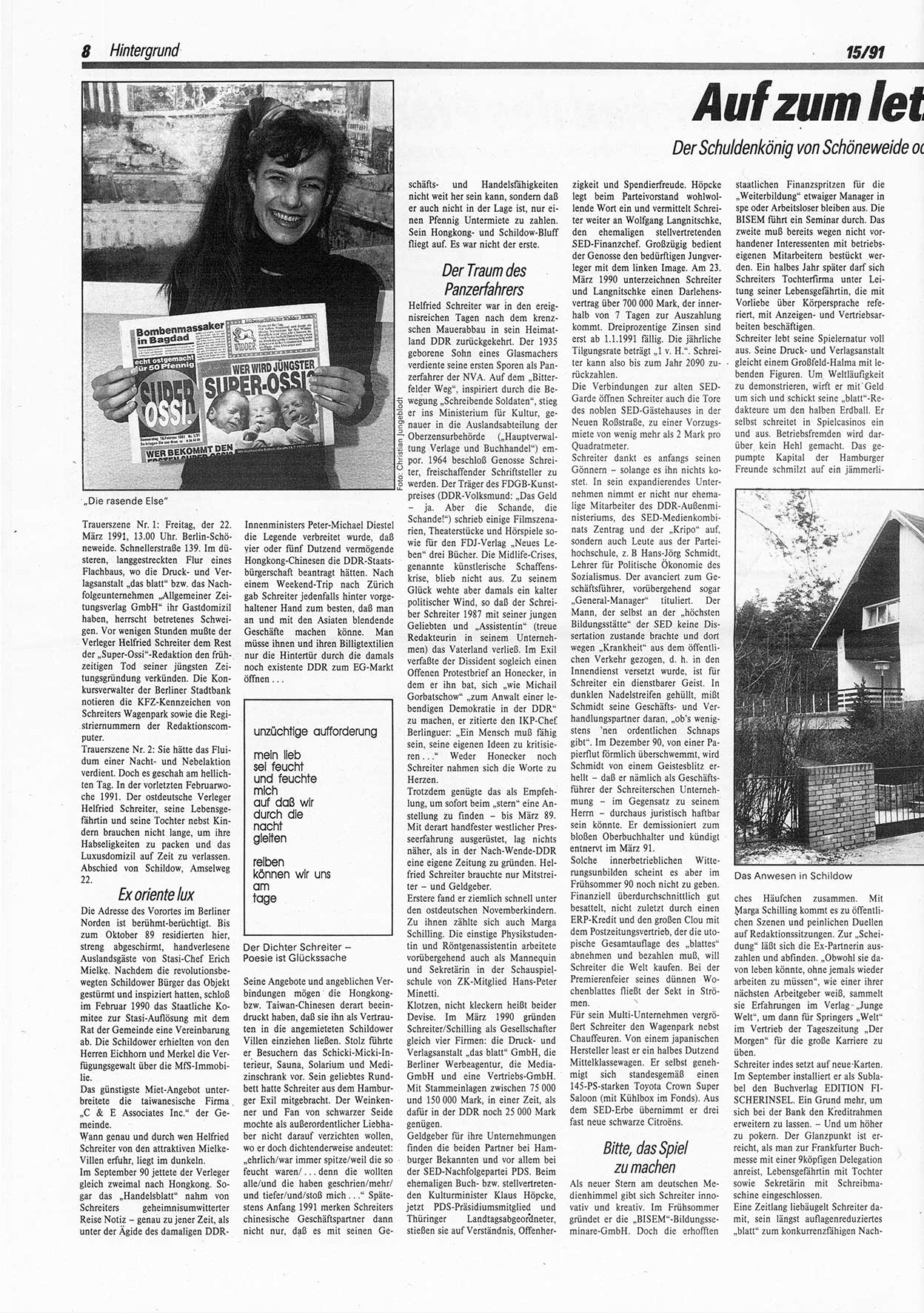Die Andere, UnabhÃ¤ngige Wochenzeitung fÃ¼r Politik, Kultur und Kunst, Ausgabe 15 vom 10.4.1991, Seite 8 (And. W.-Zg. Ausg. 15 1991, S. 8)
