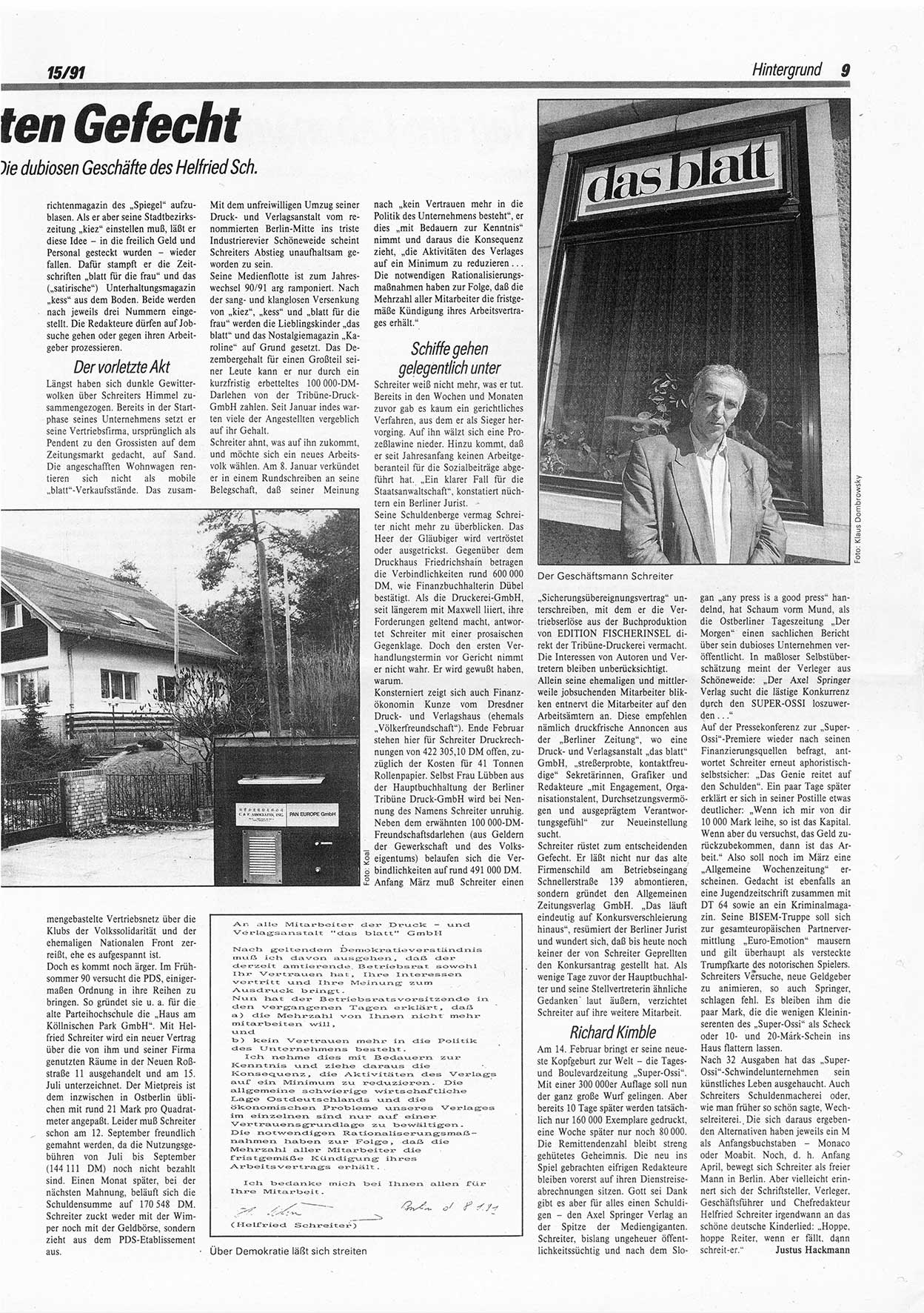 Die Andere, UnabhÃ¤ngige Wochenzeitung fÃ¼r Politik, Kultur und Kunst, Ausgabe 15 vom 10.4.1991, Seite 9 (And. W.-Zg. Ausg. 15 1991, S. 9)
