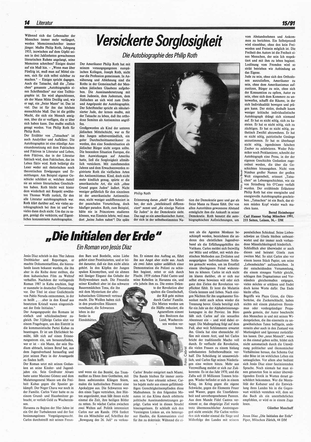 Die Andere, UnabhÃ¤ngige Wochenzeitung fÃ¼r Politik, Kultur und Kunst, Ausgabe 15 vom 10.4.1991, Seite 14 (And. W.-Zg. Ausg. 15 1991, S. 14)