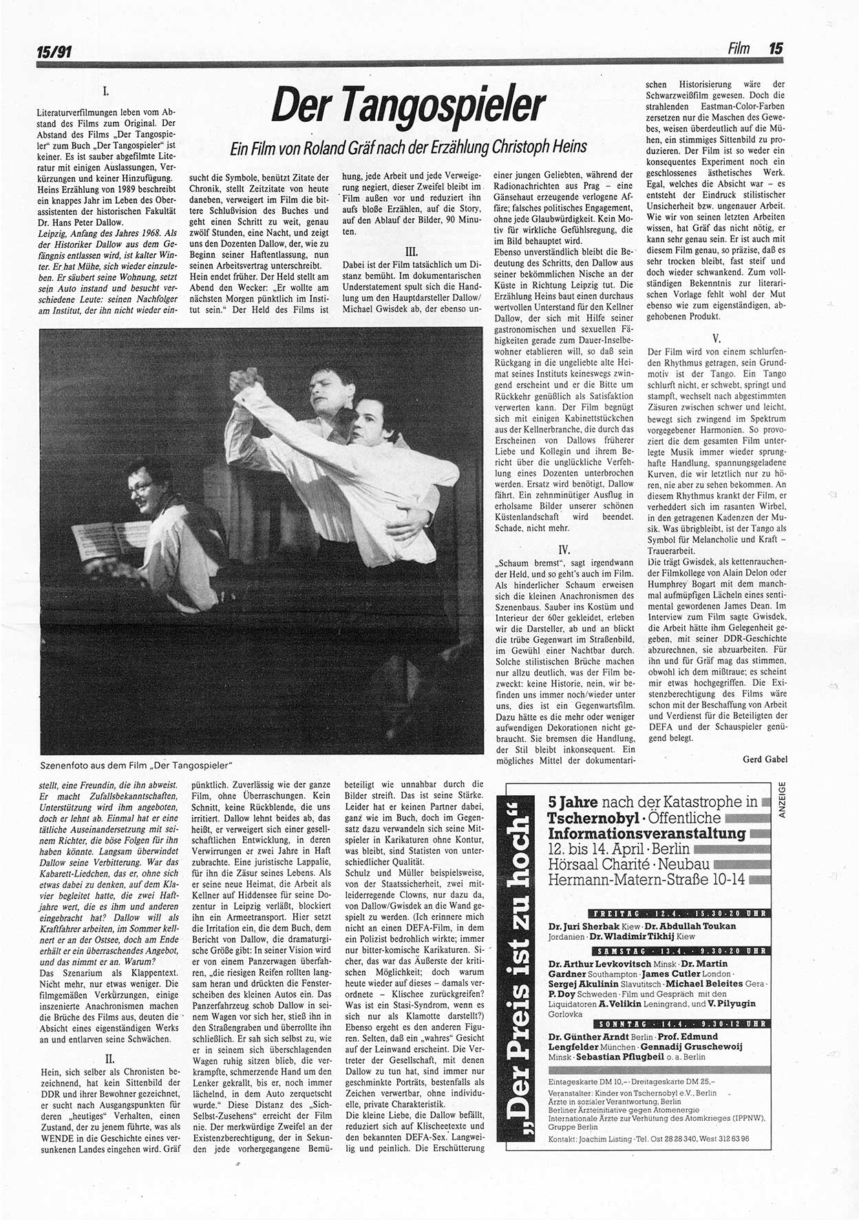 Die Andere, UnabhÃ¤ngige Wochenzeitung fÃ¼r Politik, Kultur und Kunst, Ausgabe 15 vom 10.4.1991, Seite 15 (And. W.-Zg. Ausg. 15 1991, S. 15)