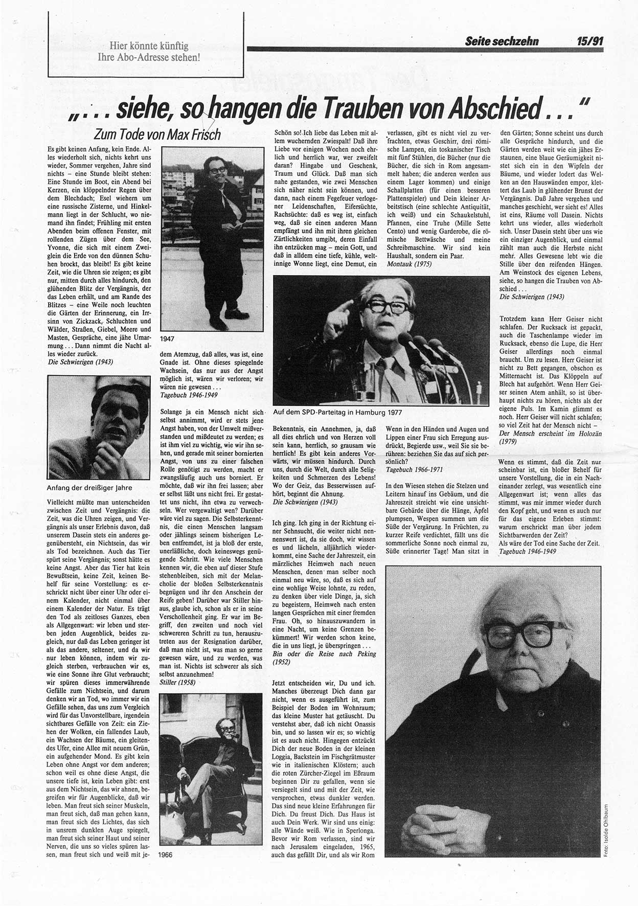 Die Andere, UnabhÃ¤ngige Wochenzeitung fÃ¼r Politik, Kultur und Kunst, Ausgabe 15 vom 10.4.1991, Seite 16 (And. W.-Zg. Ausg. 15 1991, S. 16)