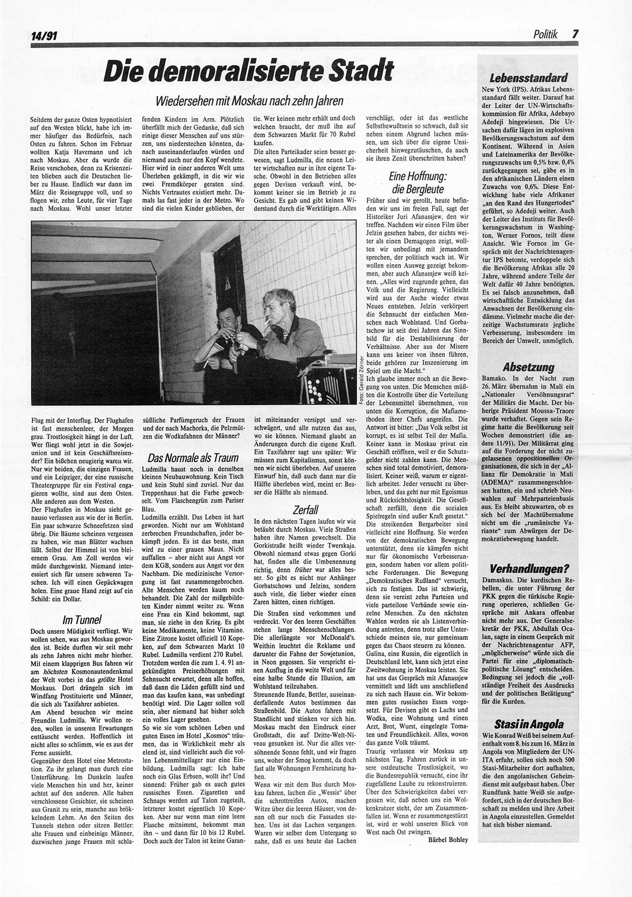 Die Andere, Unabhängige Wochenzeitung für Politik, Kultur und Kunst, Ausgabe 14 vom 3.4.1991, Seite 7 (And. W.-Zg. Ausg. 14 1991, S. 7)