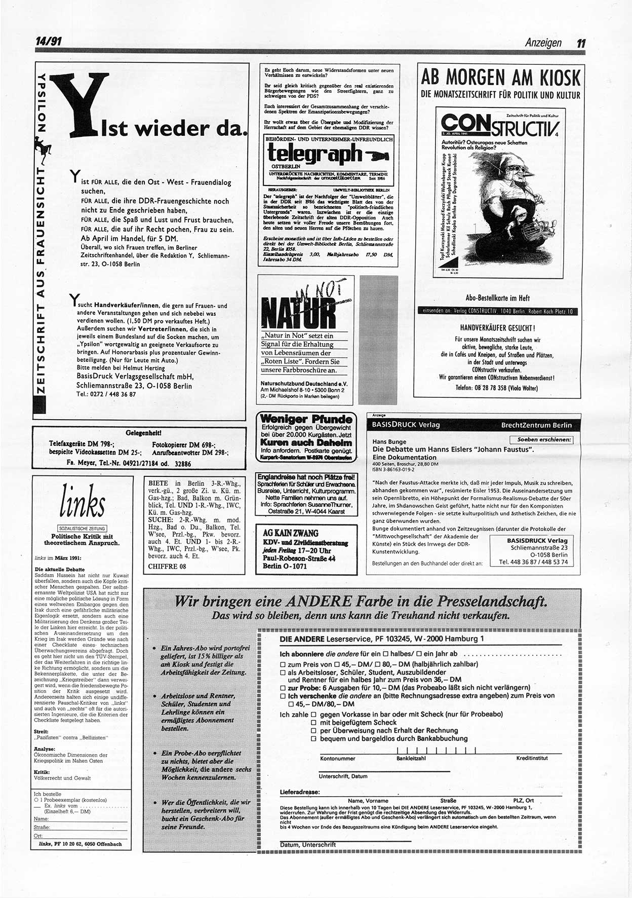 Die Andere, Unabhängige Wochenzeitung für Politik, Kultur und Kunst, Ausgabe 14 vom 3.4.1991, Seite 11 (And. W.-Zg. Ausg. 14 1991, S. 11)