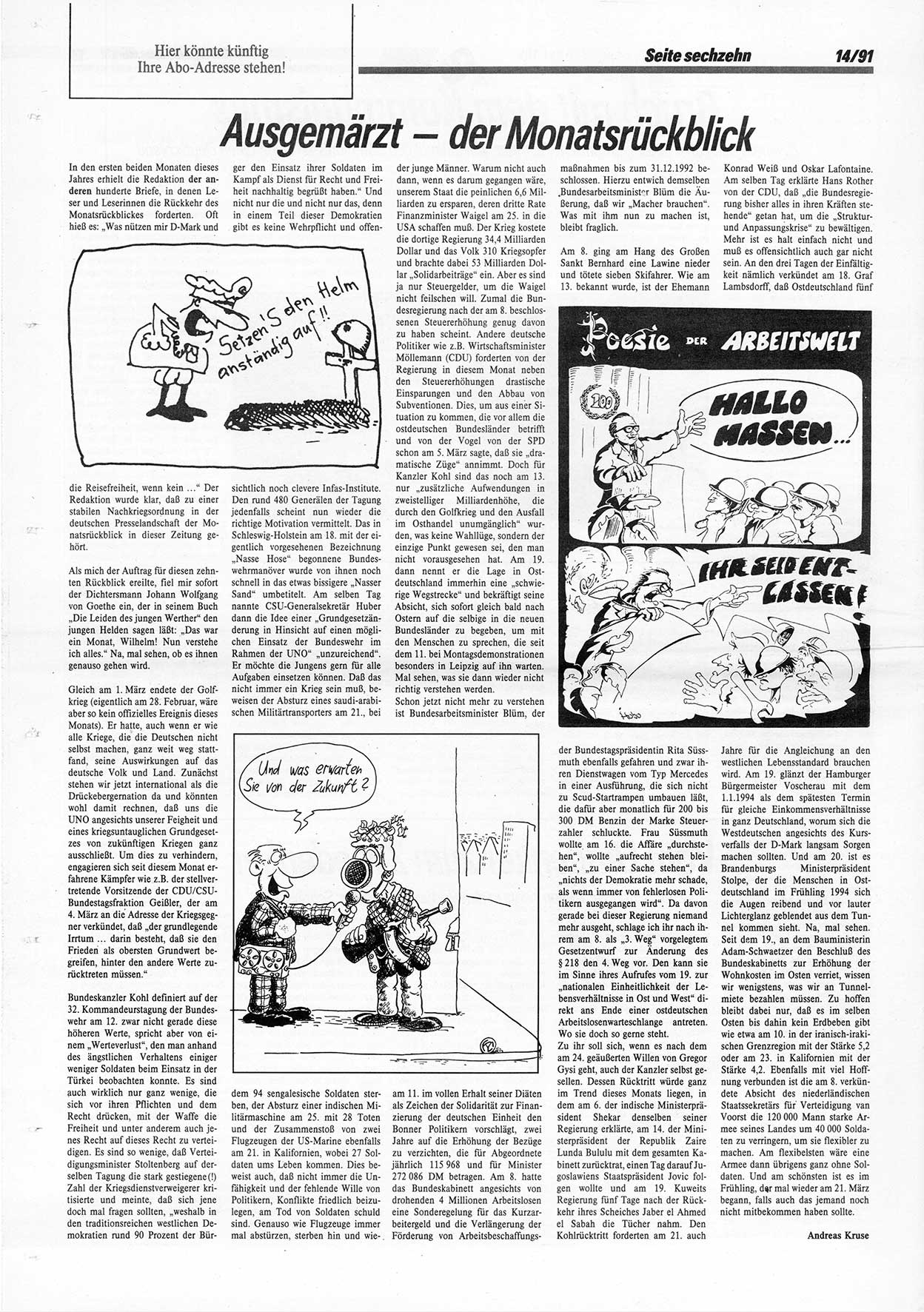 Die Andere, Unabhängige Wochenzeitung für Politik, Kultur und Kunst, Ausgabe 14 vom 3.4.1991, Seite 16 (And. W.-Zg. Ausg. 14 1991, S. 16)