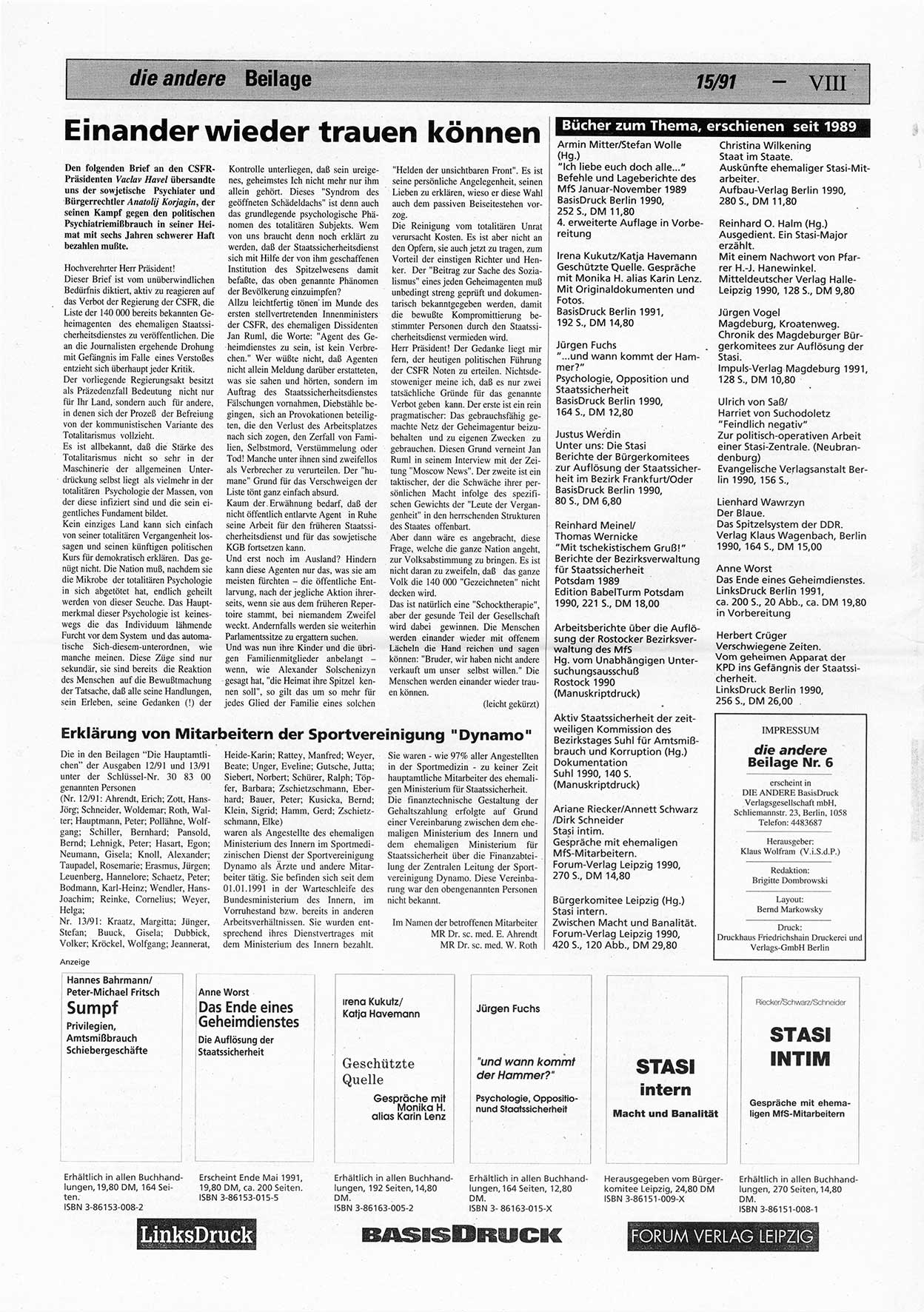 Die Andere, Unabhängige Wochenzeitung für Politik, Kultur und Kunst, Ausgabe 15 vom 10.4.1991, Beilage 6, Seite 8 (And. W.-Zg. Ausg. 15 1991, Beil. S. 8)