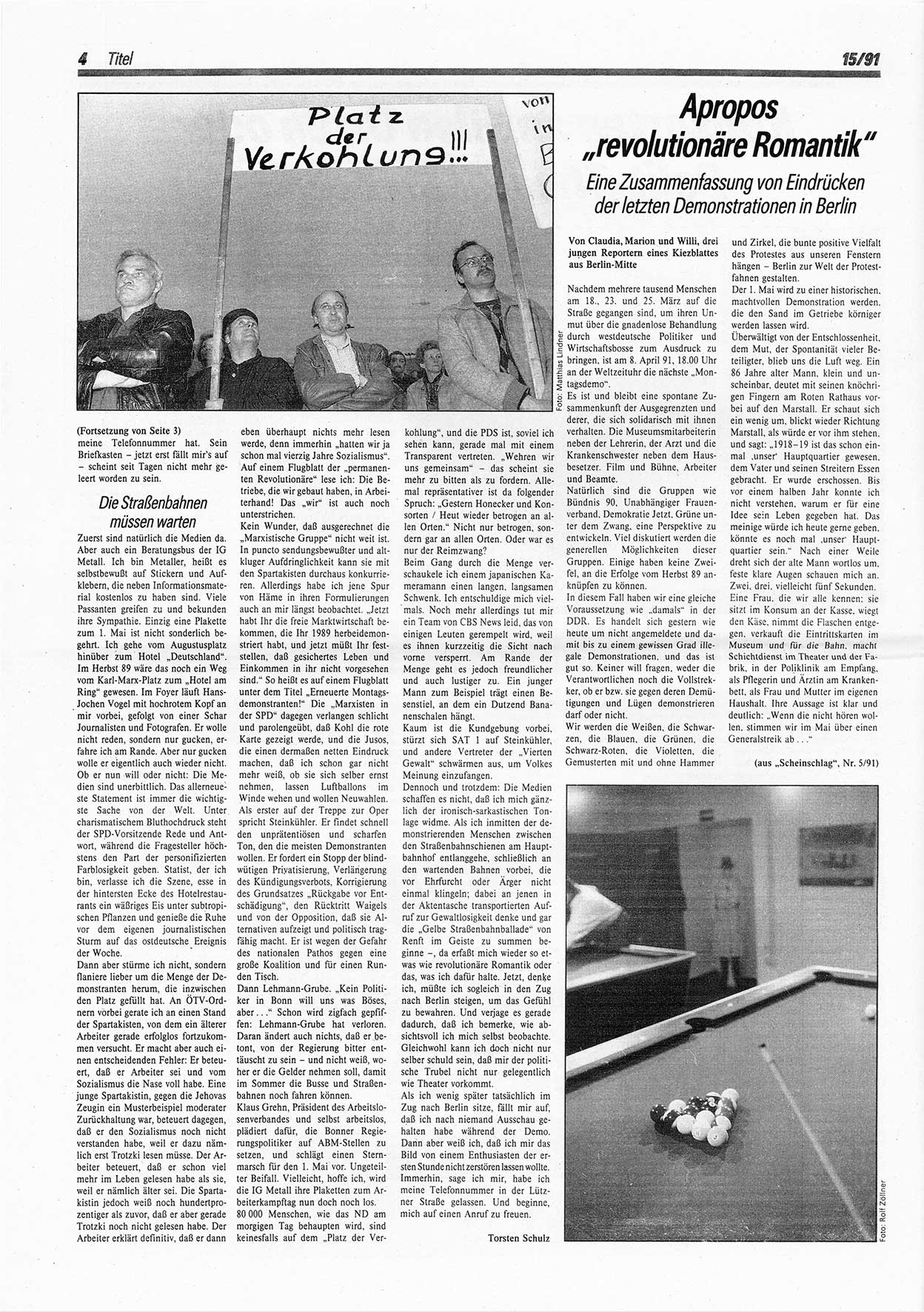 Die Andere, Unabhängige Wochenzeitung für Politik, Kultur und Kunst, Ausgabe 15 vom 10.4.1991, Seite 4 (And. W.-Zg. Ausg. 15 1991, S. 4)