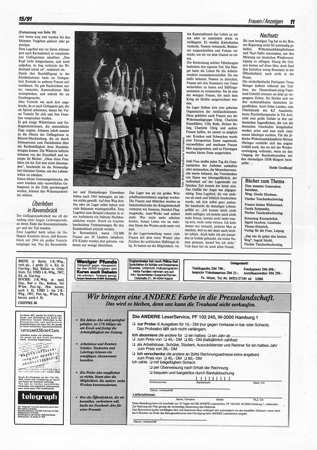 Die Andere, Unabhängige Wochenzeitung für Politik, Kultur und Kunst, Ausgabe 15 vom 10.4.1991, Seite 11 (And. W.-Zg. Ausg. 15 1991, S. 11)