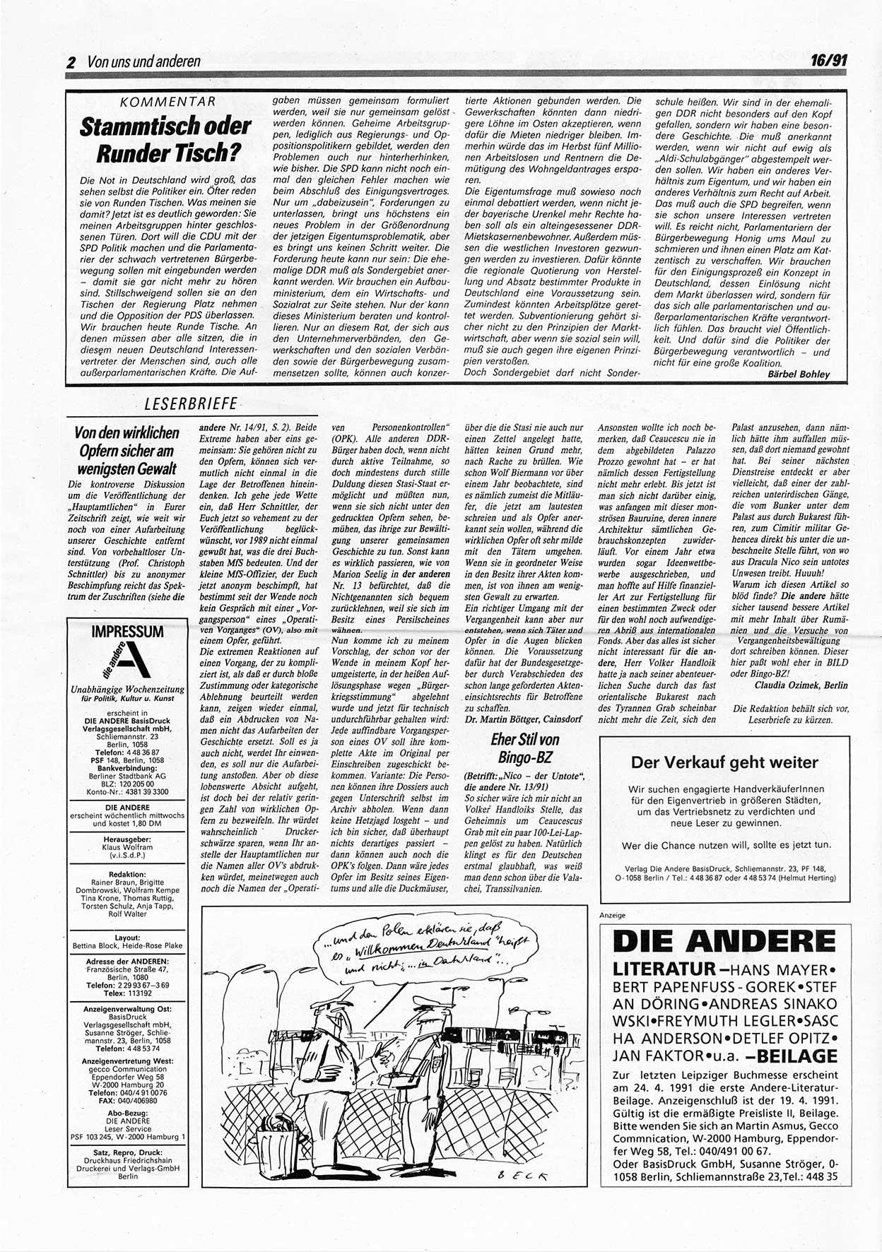 Die Andere, Unabhängige Wochenzeitung für Politik, Kultur und Kunst, Ausgabe 16 vom 17.4.1991, Seite 2 (And. W.-Zg. Ausg. 16 1991, S. 2)