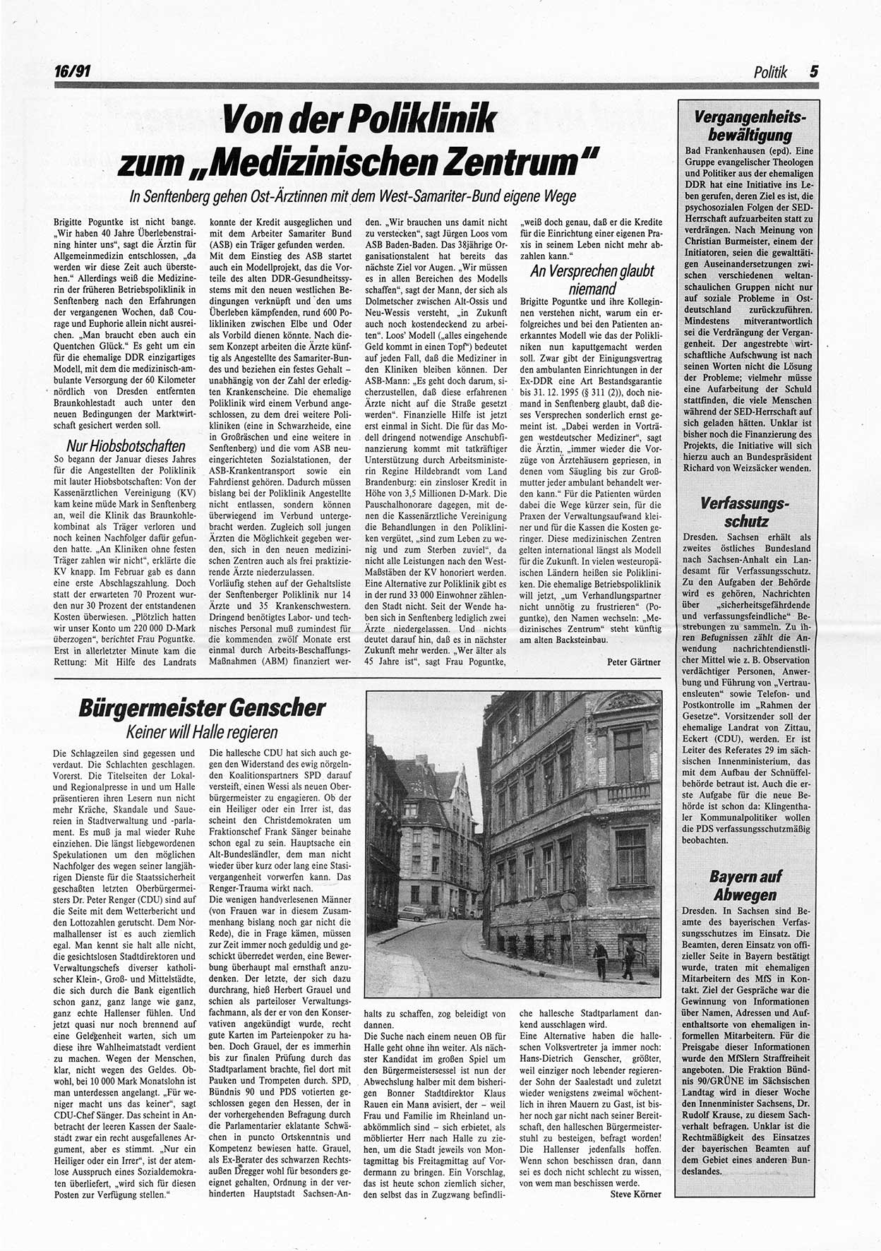 Die Andere, Unabhängige Wochenzeitung für Politik, Kultur und Kunst, Ausgabe 16 vom 17.4.1991, Seite 5 (And. W.-Zg. Ausg. 16 1991, S. 5)