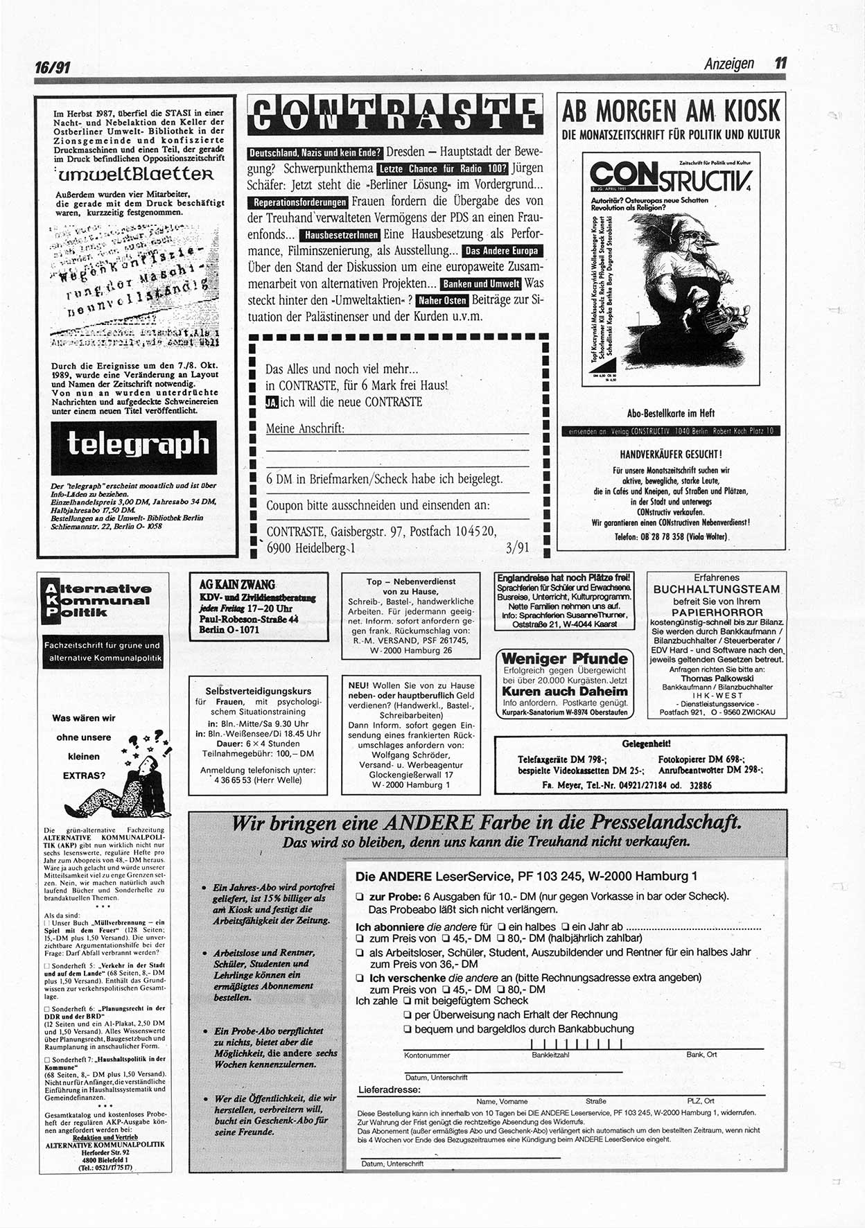 Die Andere, Unabhängige Wochenzeitung für Politik, Kultur und Kunst, Ausgabe 16 vom 17.4.1991, Seite 11 (And. W.-Zg. Ausg. 16 1991, S. 11)