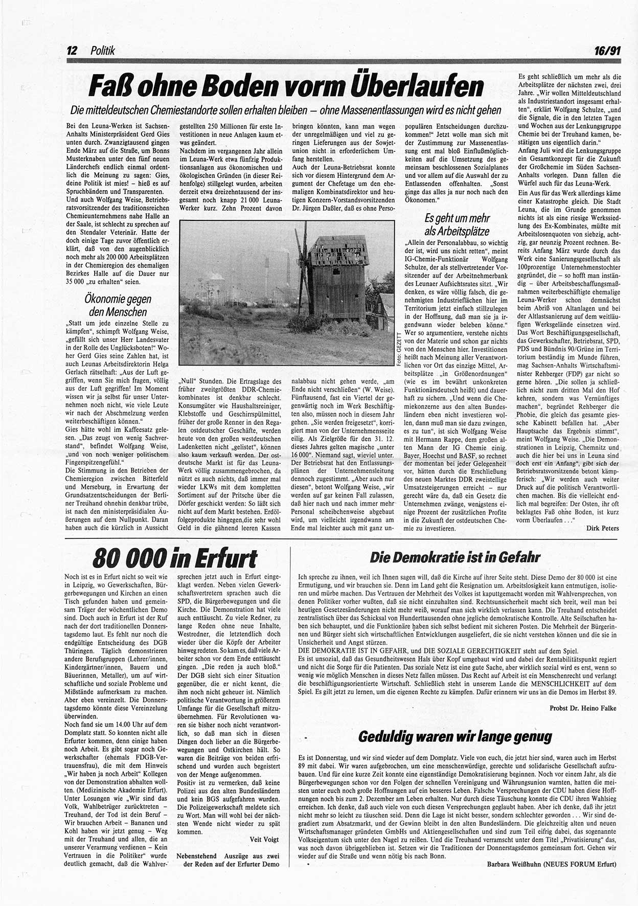 Die Andere, Unabhängige Wochenzeitung für Politik, Kultur und Kunst, Ausgabe 16 vom 17.4.1991, Seite 12 (And. W.-Zg. Ausg. 16 1991, S. 12)