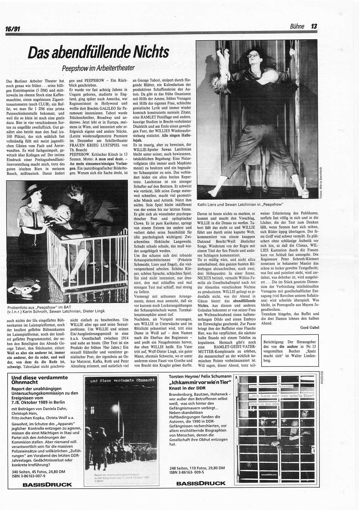 Die Andere, Unabhängige Wochenzeitung für Politik, Kultur und Kunst, Ausgabe 16 vom 17.4.1991, Seite 13 (And. W.-Zg. Ausg. 16 1991, S. 13)