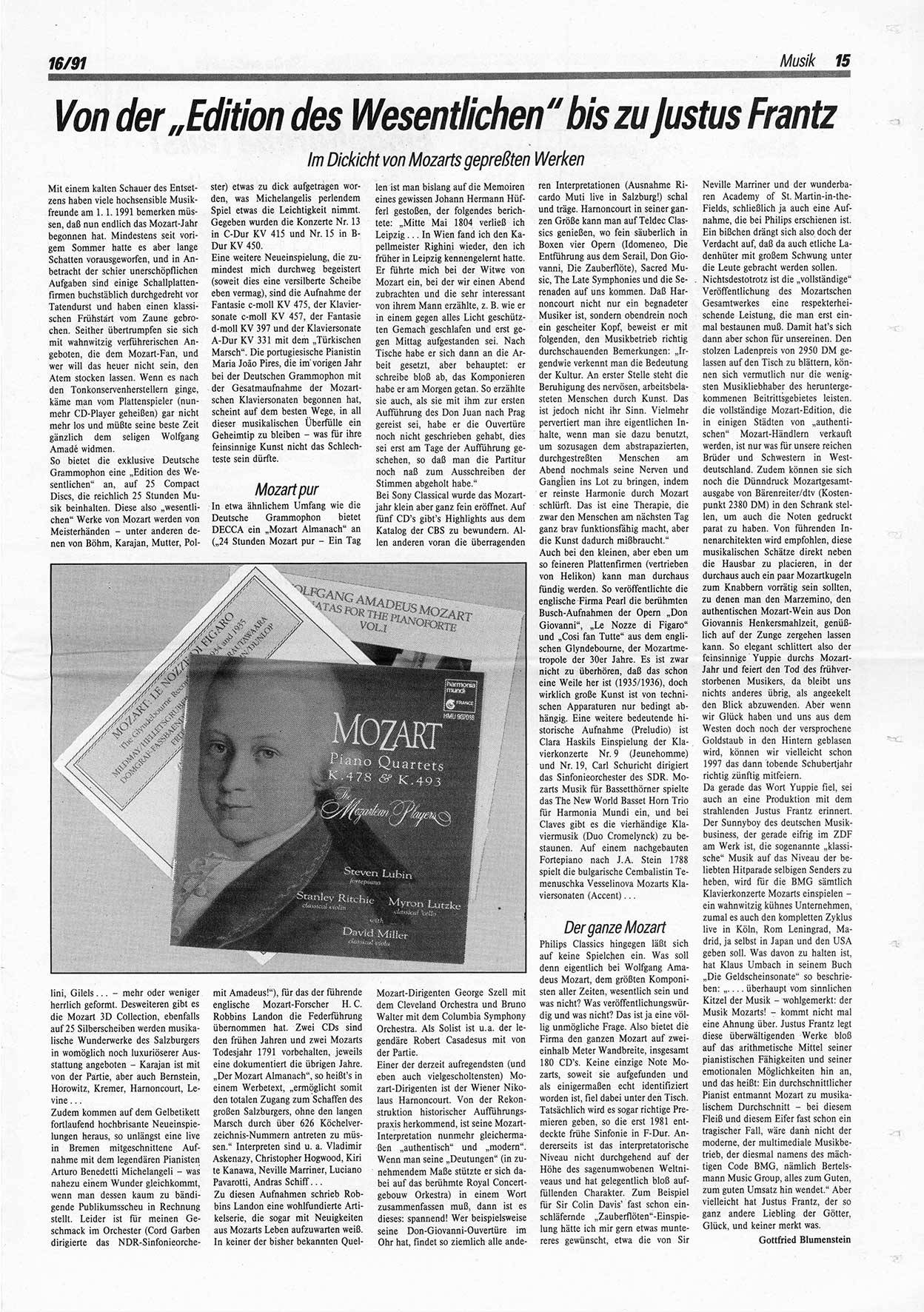 Die Andere, Unabhängige Wochenzeitung für Politik, Kultur und Kunst, Ausgabe 16 vom 17.4.1991, Seite 15 (And. W.-Zg. Ausg. 16 1991, S. 15)