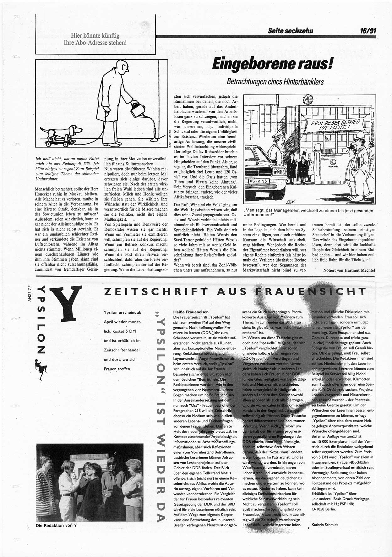 Die Andere, Unabhängige Wochenzeitung für Politik, Kultur und Kunst, Ausgabe 16 vom 17.4.1991, Seite 16 (And. W.-Zg. Ausg. 16 1991, S. 16)