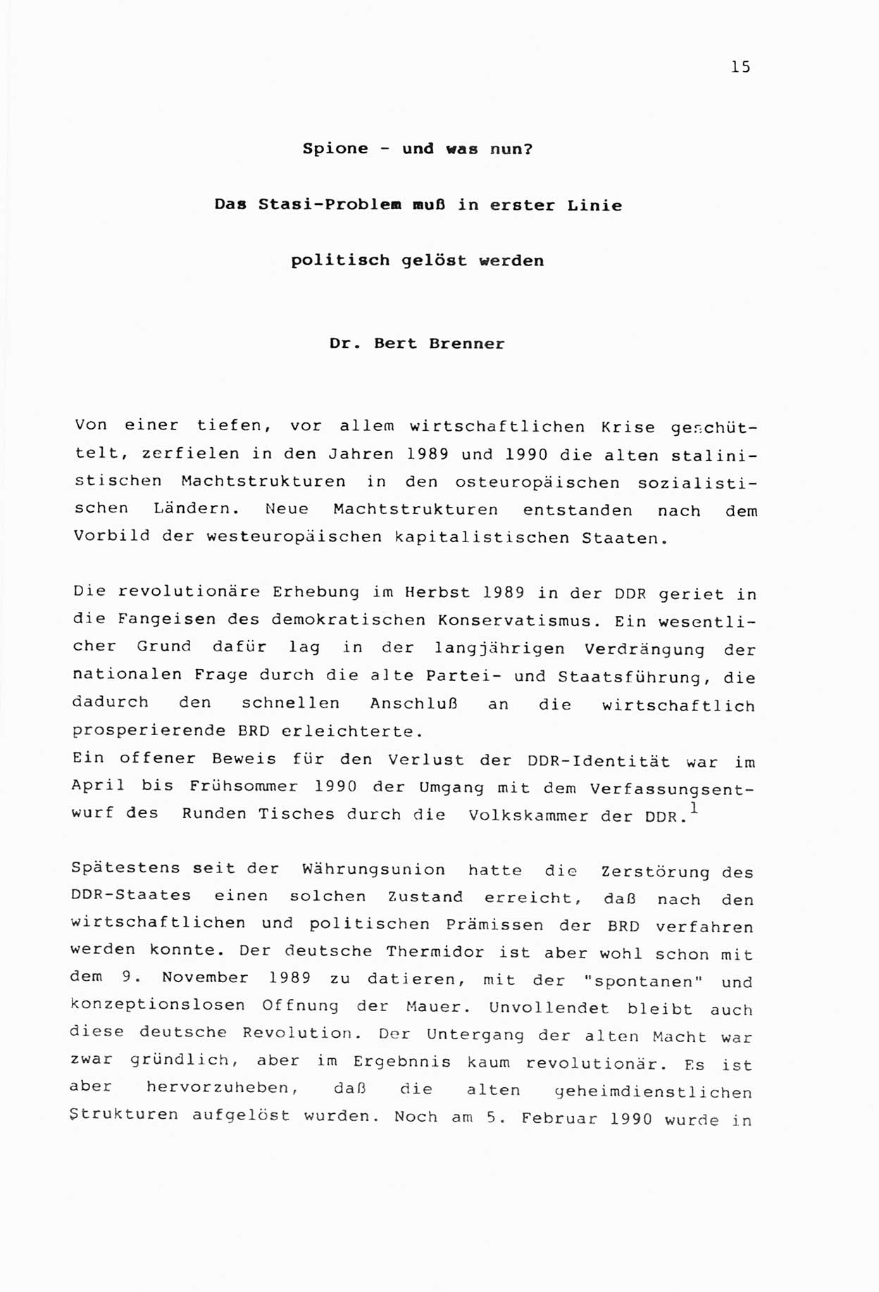 Zwie-Gespräch, Beiträge zur Aufarbeitung der Stasi-Vergangenheit [Deutsche Demokratische Republik (DDR)], Ausgabe Nr. 2, Berlin 1991, Seite 15 (Zwie-Gespr. Ausg. 2 1991, S. 15)