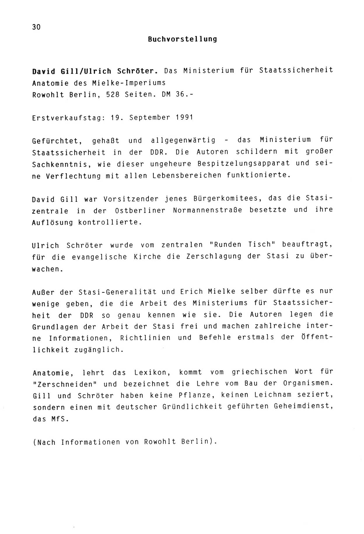 Zwie-Gespräch, Beiträge zur Aufarbeitung der Stasi-Vergangenheit [Deutsche Demokratische Republik (DDR)], Ausgabe Nr. 3, Berlin 1991, Seite 30 (Zwie-Gespr. Ausg. 3 1991, S. 30)